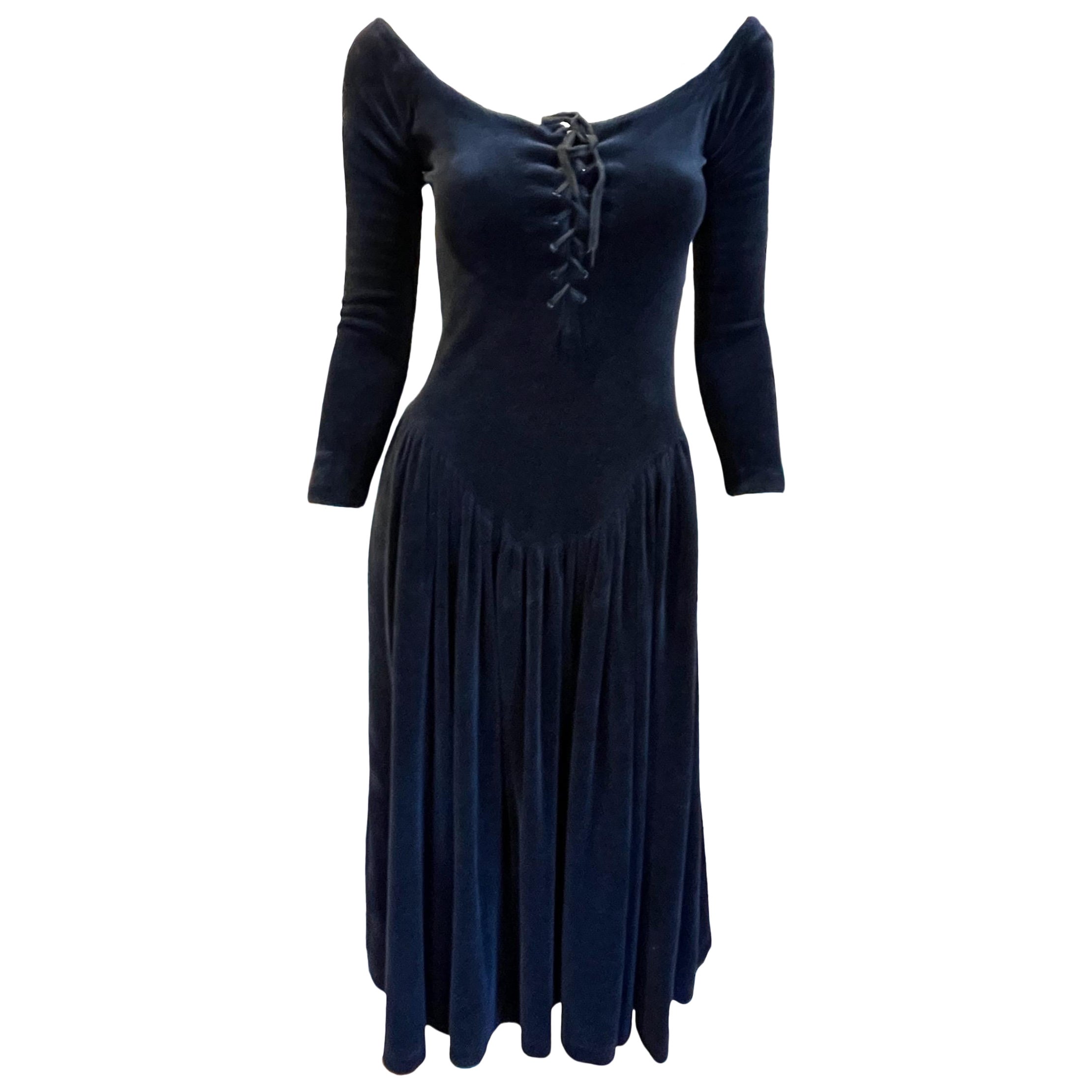 1980s Black Velvet Betsey Johnson Long Sleeve Dress