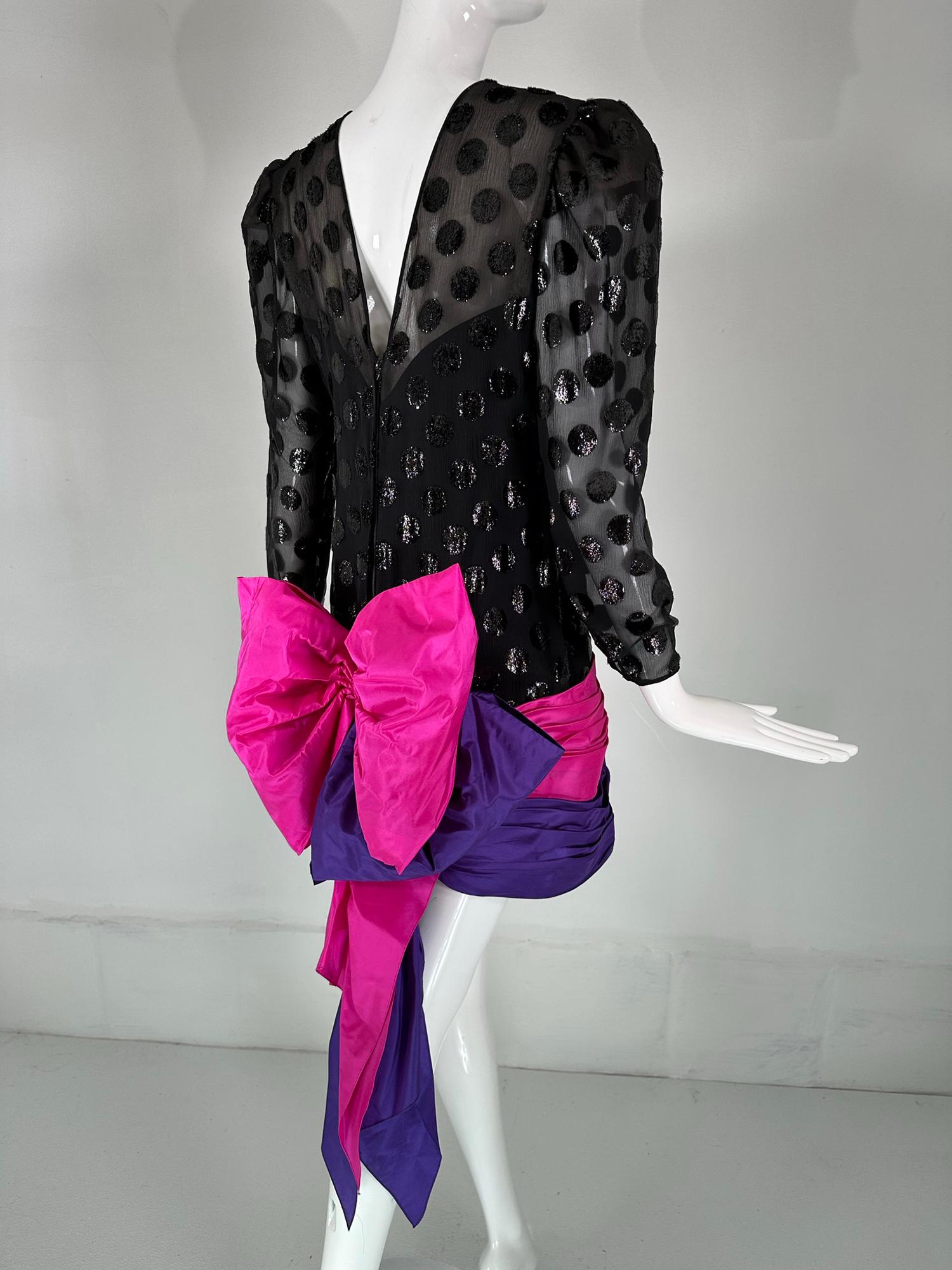 1980s Black Velvet Dot Draped Pink & Purple Taffeta Skirt with Huge Bow Back For Sale 6