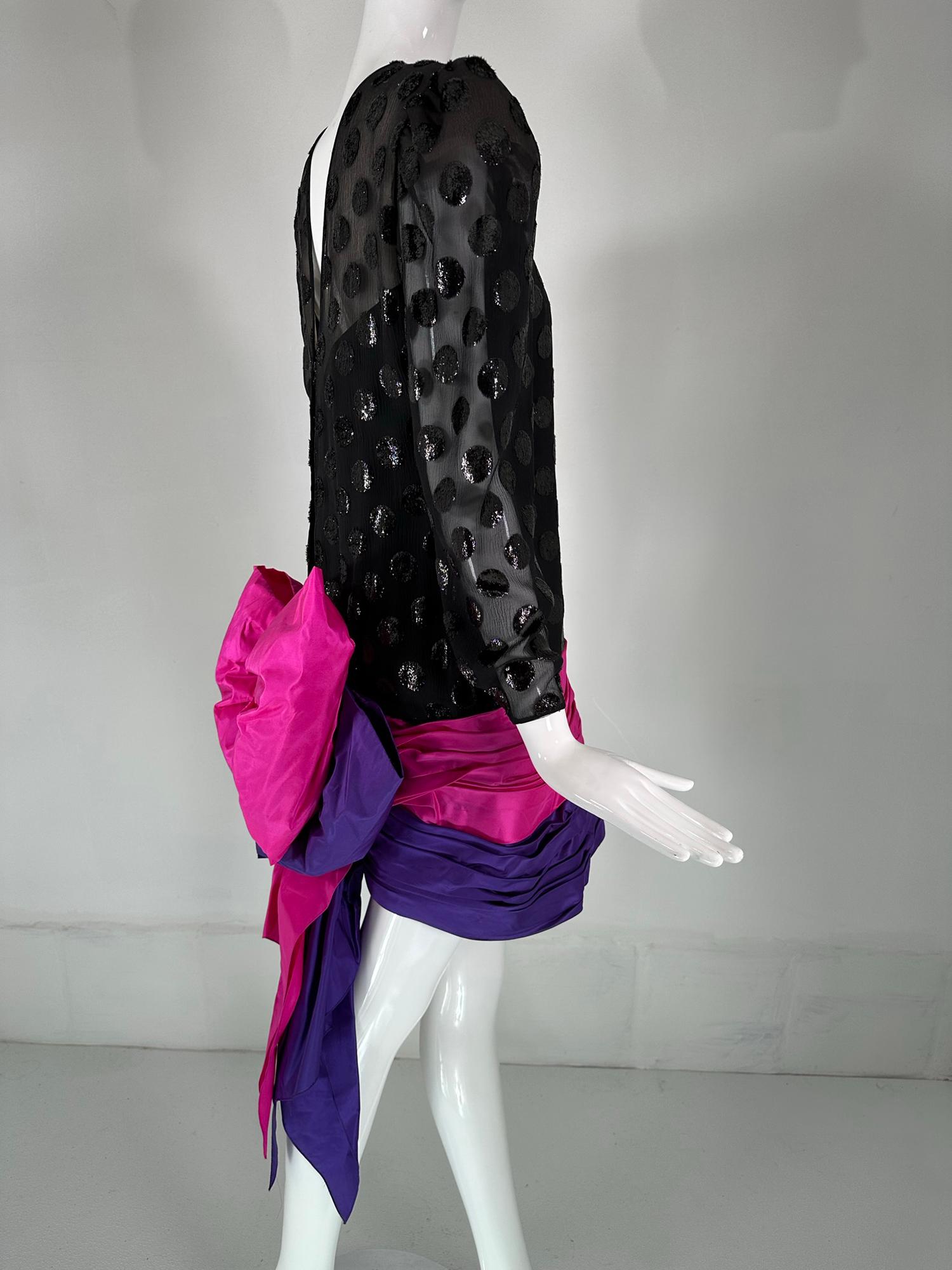 1980s Black Velvet Dot Draped Pink & Purple Taffeta Skirt with Huge Bow Back For Sale 8