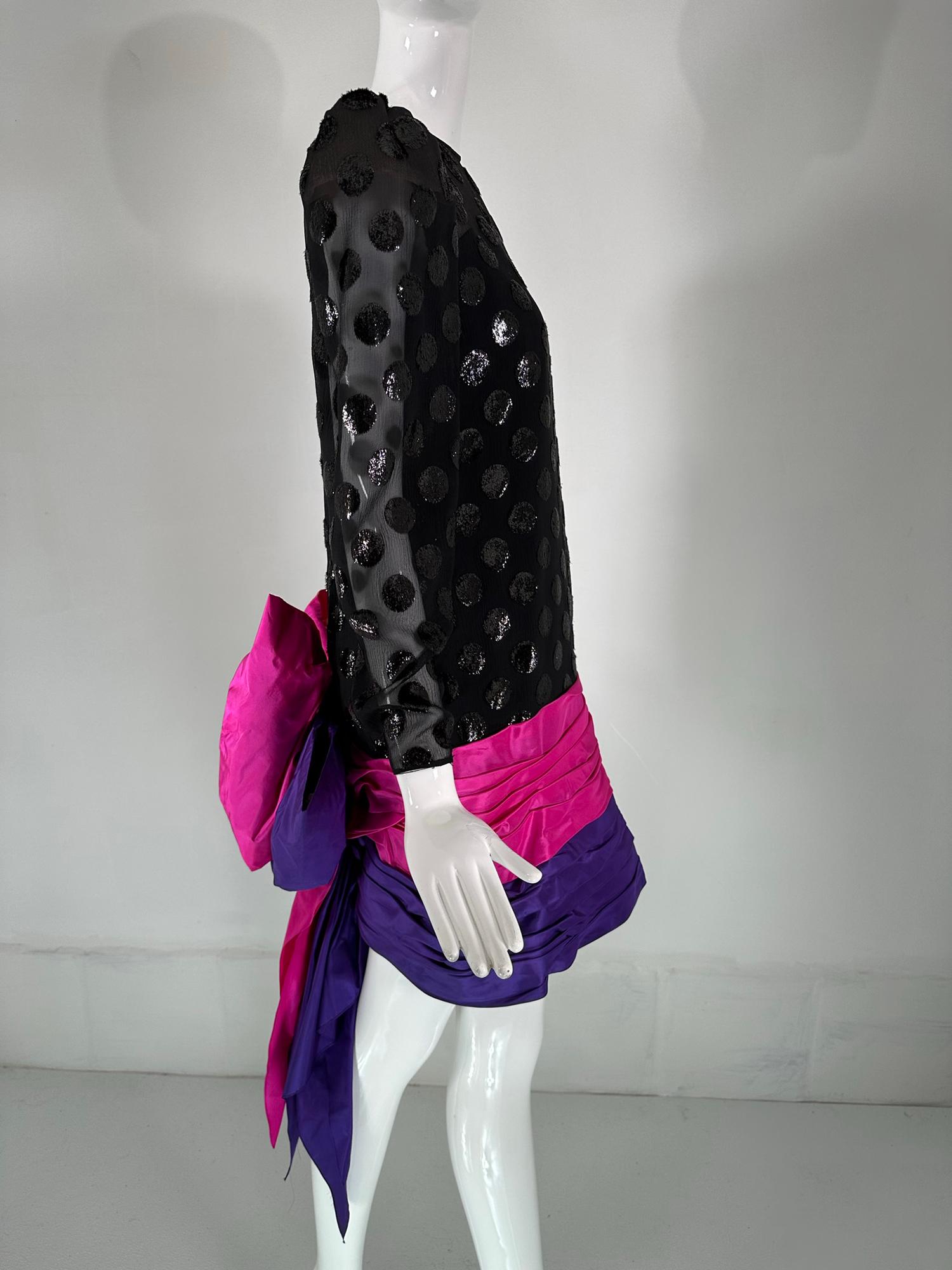1980s Black Velvet Dot Draped Pink & Purple Taffeta Skirt with Huge Bow Back For Sale 9