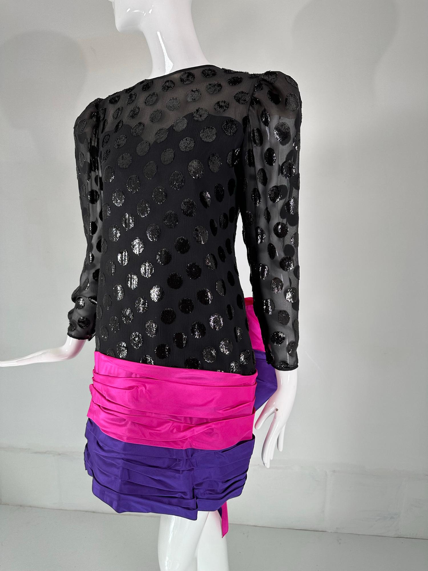 1980s Black Velvet Dot Draped Pink & Purple Taffeta Skirt with Huge Bow Back In Good Condition For Sale In West Palm Beach, FL