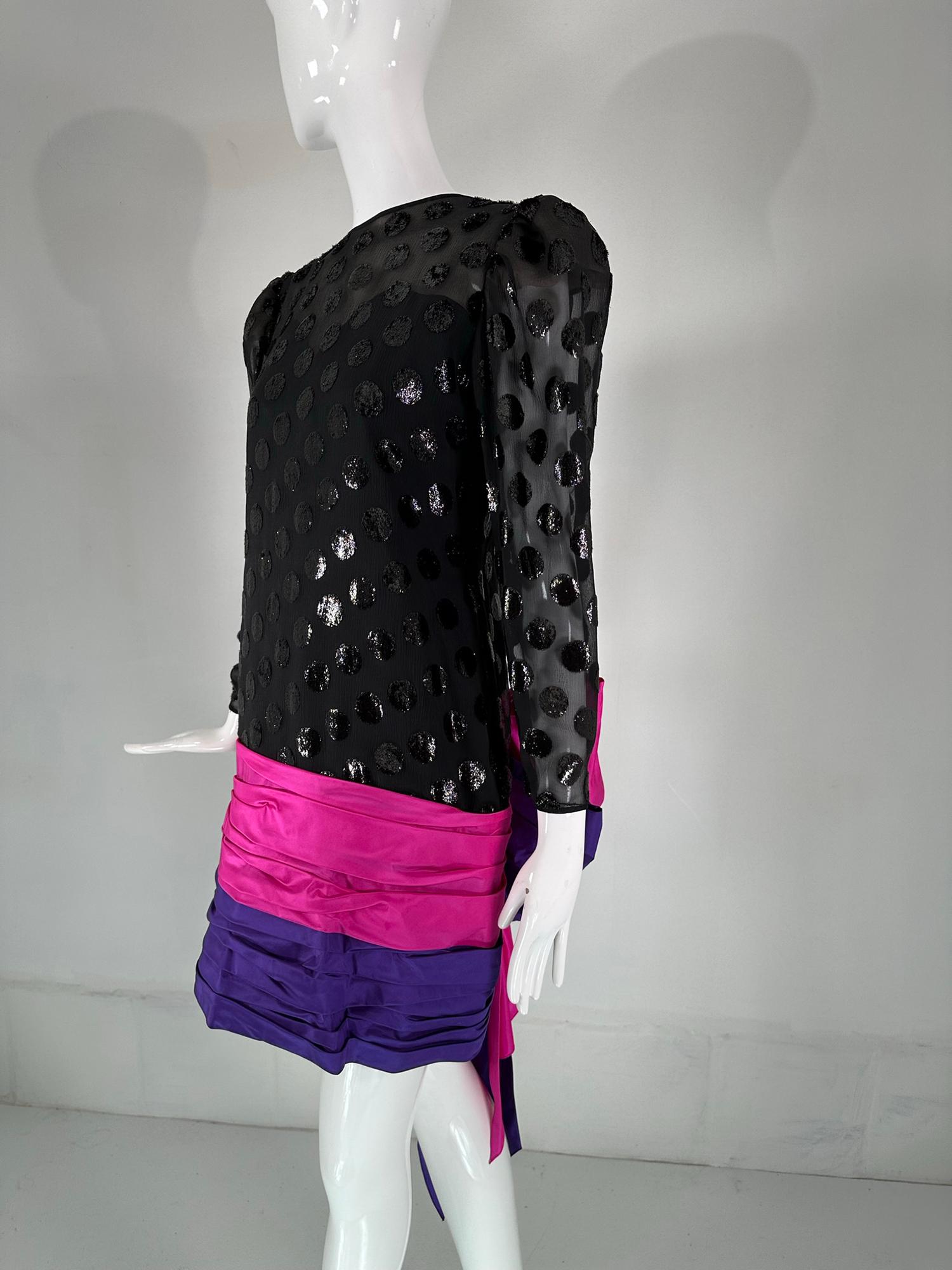 Women's 1980s Black Velvet Dot Draped Pink & Purple Taffeta Skirt with Huge Bow Back For Sale