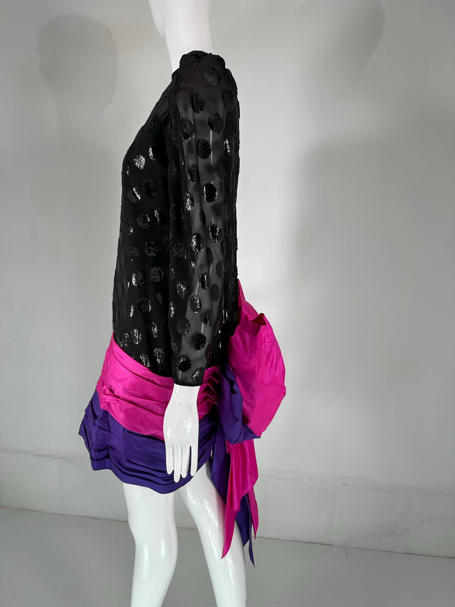 1980s Black Velvet Dot Draped Pink & Purple Taffeta Skirt with Huge Bow Back For Sale 1