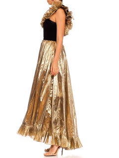 1980S Black Velvet & Gold Lamé Ruffled Ball Gown