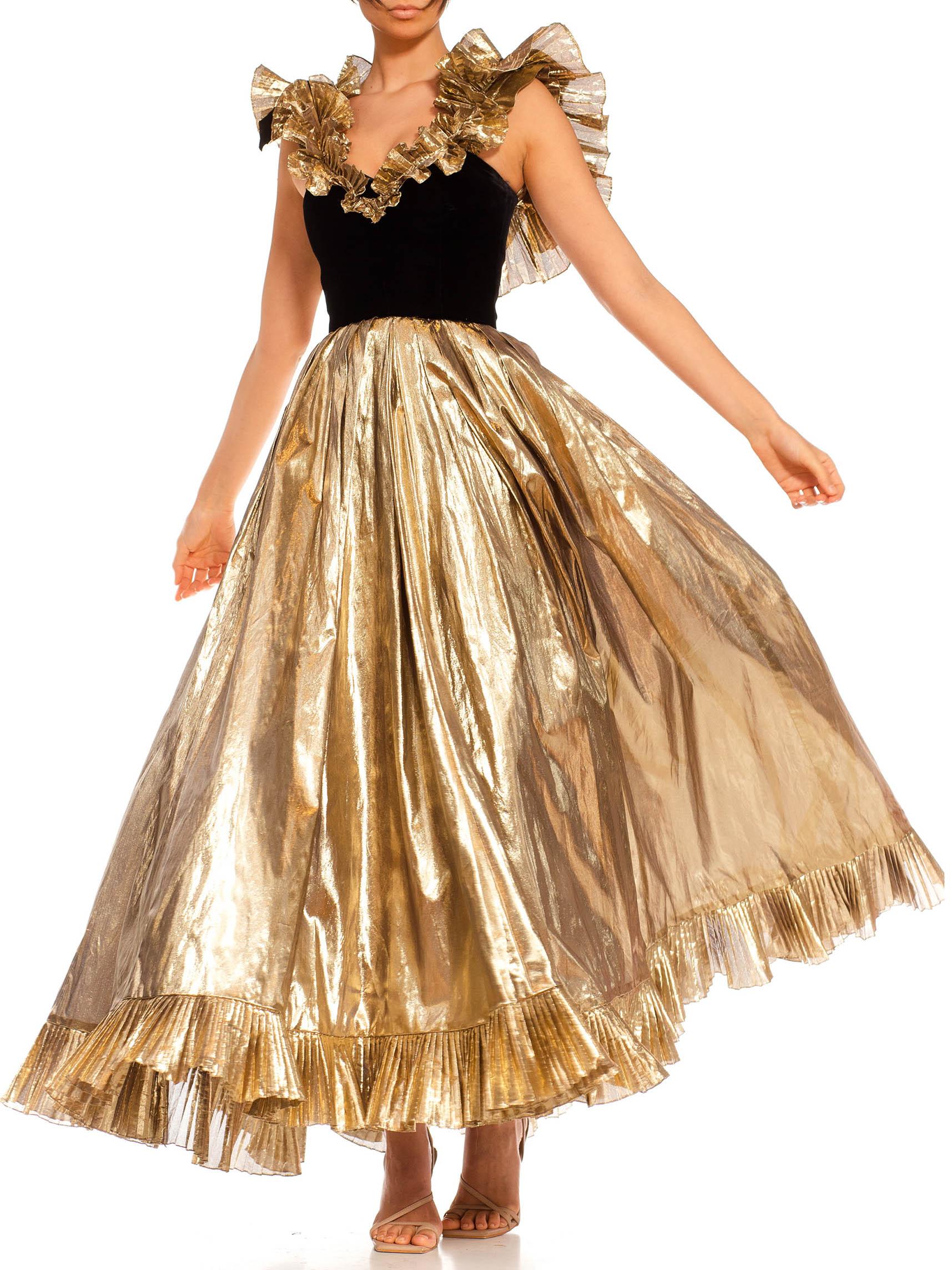 1980S Black Velvet & Gold Lamé Ruffled Ball Gown In Excellent Condition In New York, NY