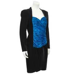 1980s Black Velvet Vicky Tiel Cocktail Dress with Royal Blue Bodice