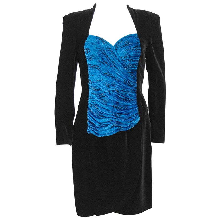 1980s Black Velvet Vicky Tiel Cocktail Dress with Royal Blue Bodice