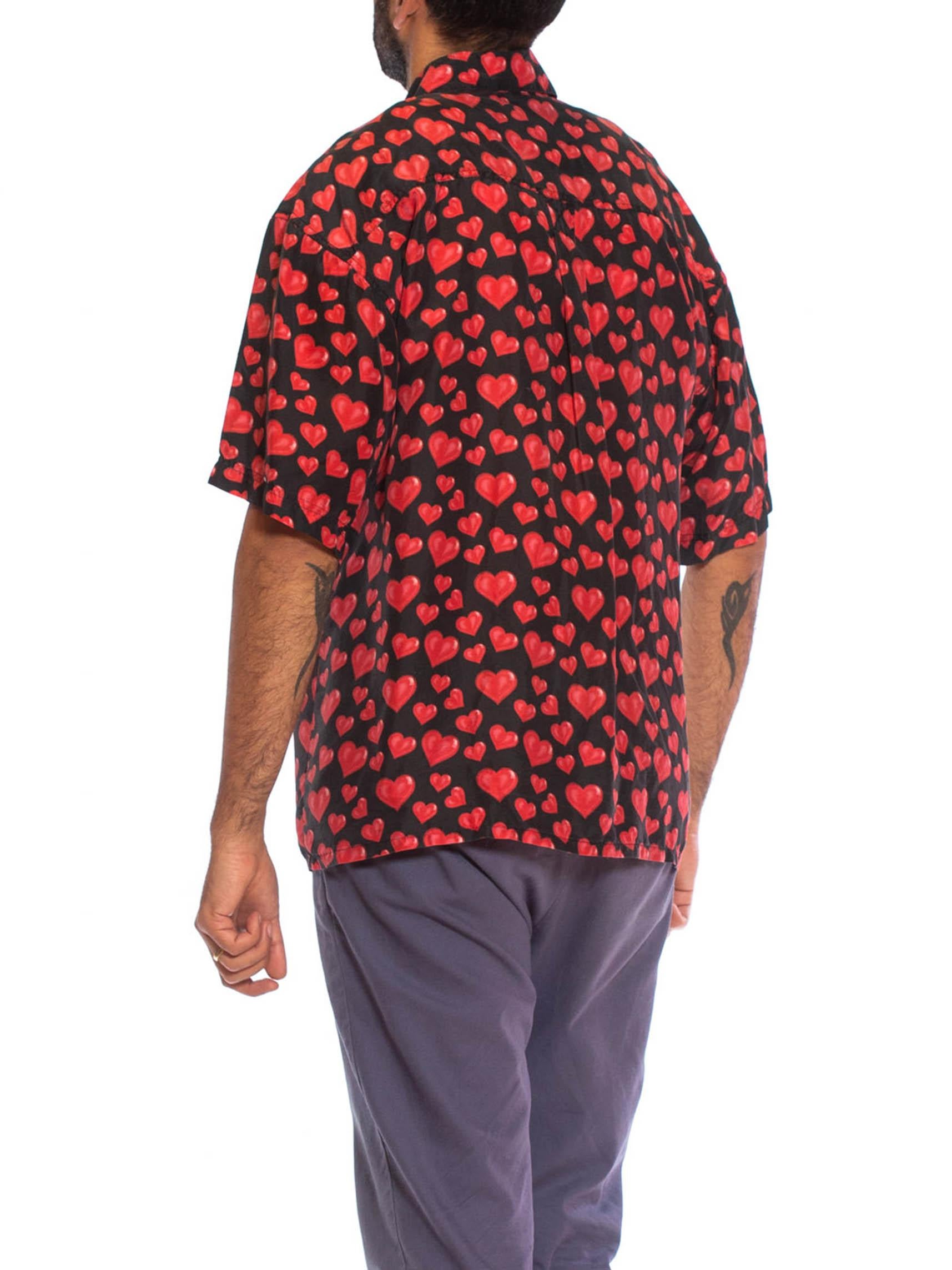 1980S Black Washed Silk Pink Loverboy Heart Printed Men's Shirt 3