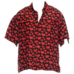 Vintage 1980S Black Washed Silk Pink Loverboy Heart Printed Men's Shirt