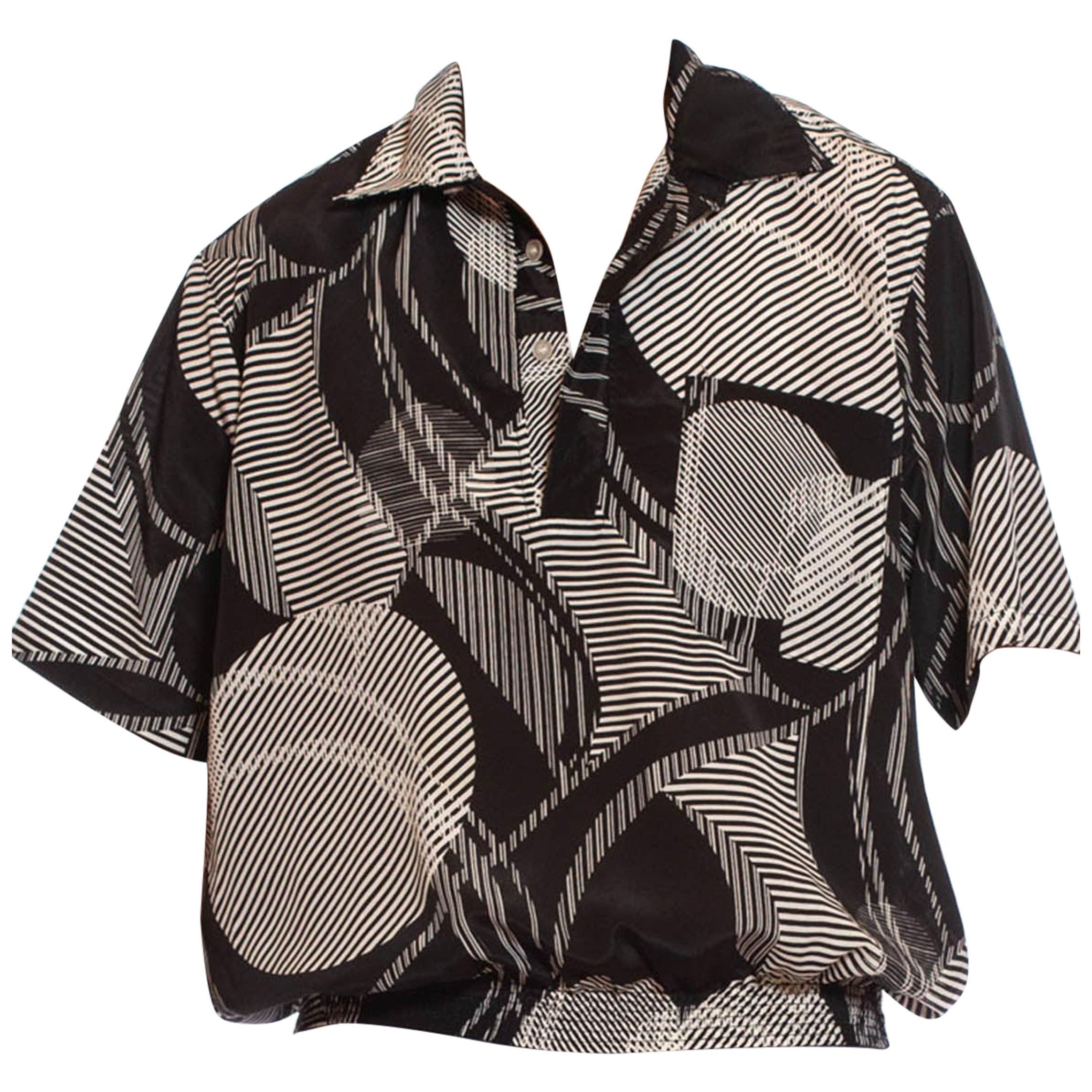 1980S Black & White Geometric Polyester Short Sleeve Pullover Shirt