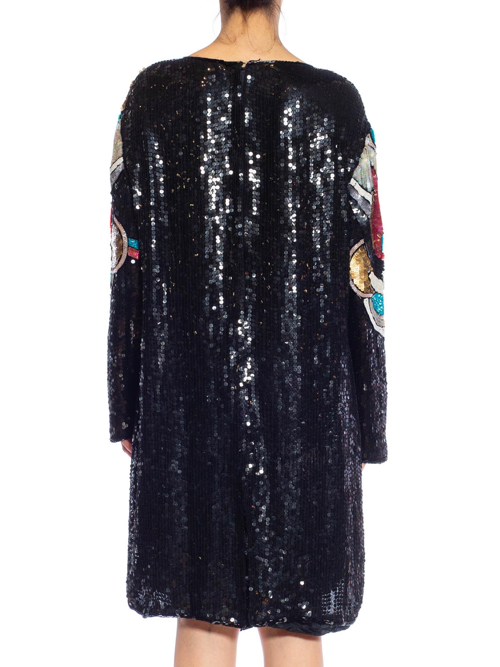 1980S Black & White Multicolored Beaded Silk Abstract Art Cocktail Dress For Sale 6