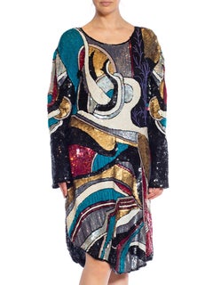 1980S Black & White Multicolored Beaded Silk Abstract Art Cocktail Dress