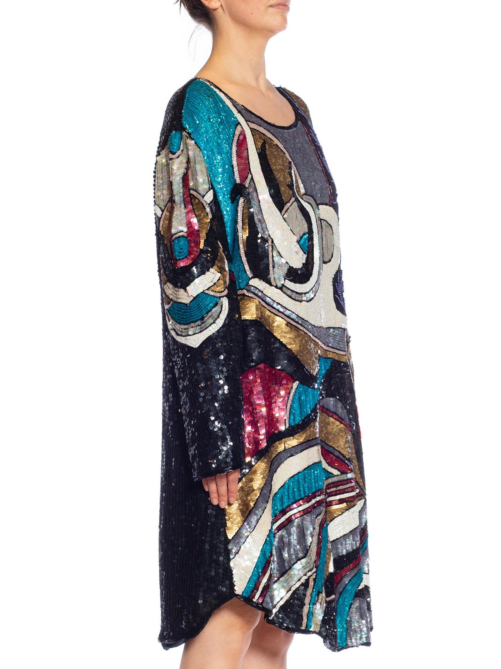 Women's 1980S Black & White Multicolored Beaded Silk Abstract Art Cocktail Dress For Sale
