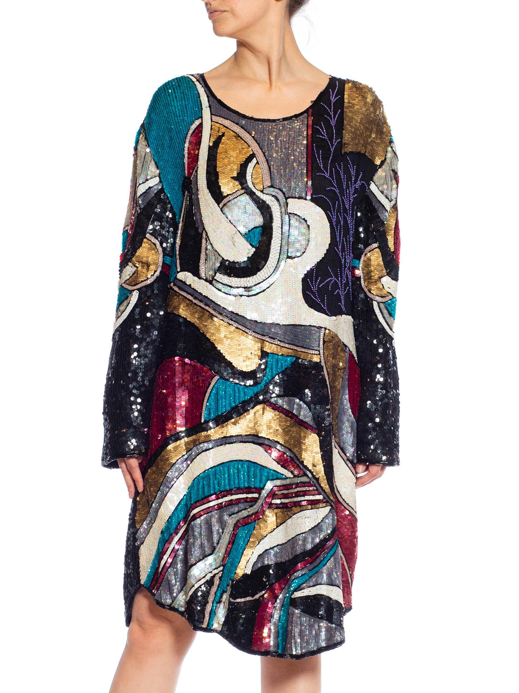1980S Black & White Multicolored Beaded Silk Abstract Art Cocktail Dress For Sale 1
