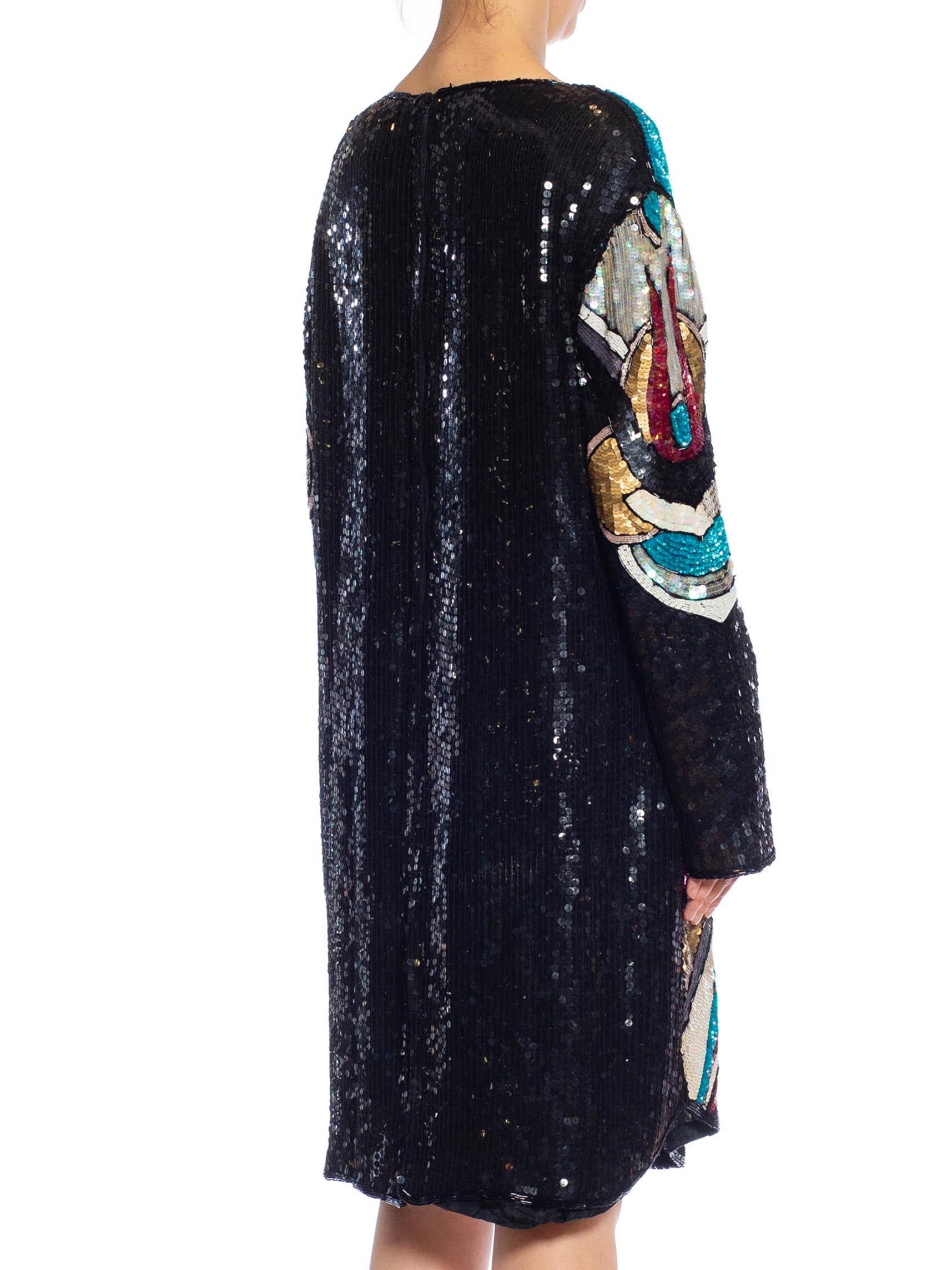 1980S Black & White Multicolored Beaded Silk Abstract Art Cocktail Dress For Sale 4