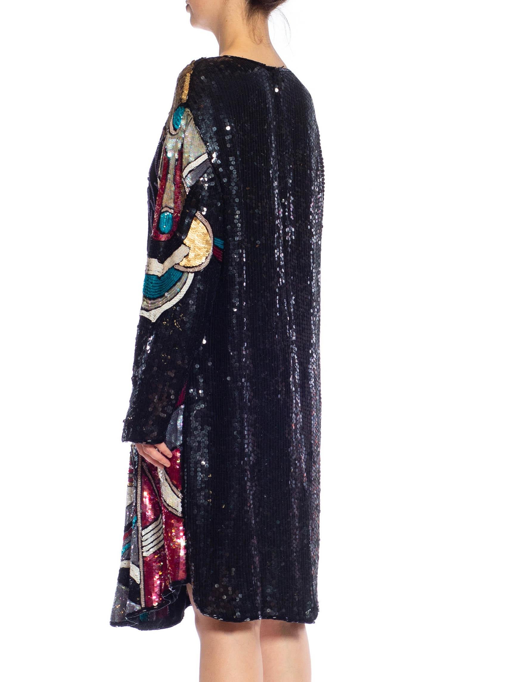 1980S Black & White Multicolored Beaded Silk Abstract Art Cocktail Dress For Sale 5