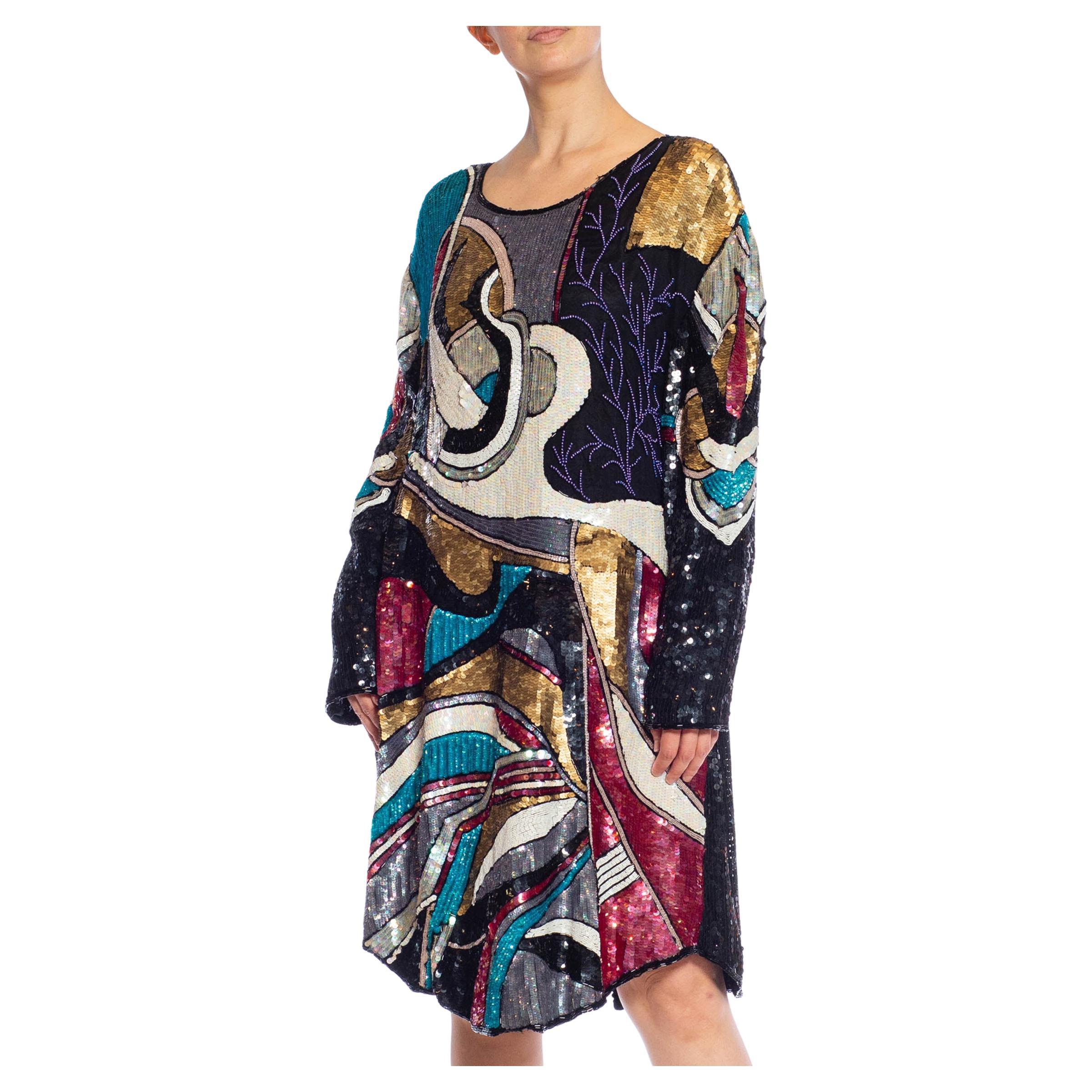 1980S Black & White Multicolored Beaded Silk Abstract Art Cocktail Dress For Sale