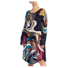 1980S Black & White Multicolored Beaded Silk Abstract Art Cocktail Dress