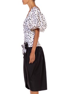 1980S Black & White Polka Dot Puff Sleeve Cocktail Dress With Large Bow
