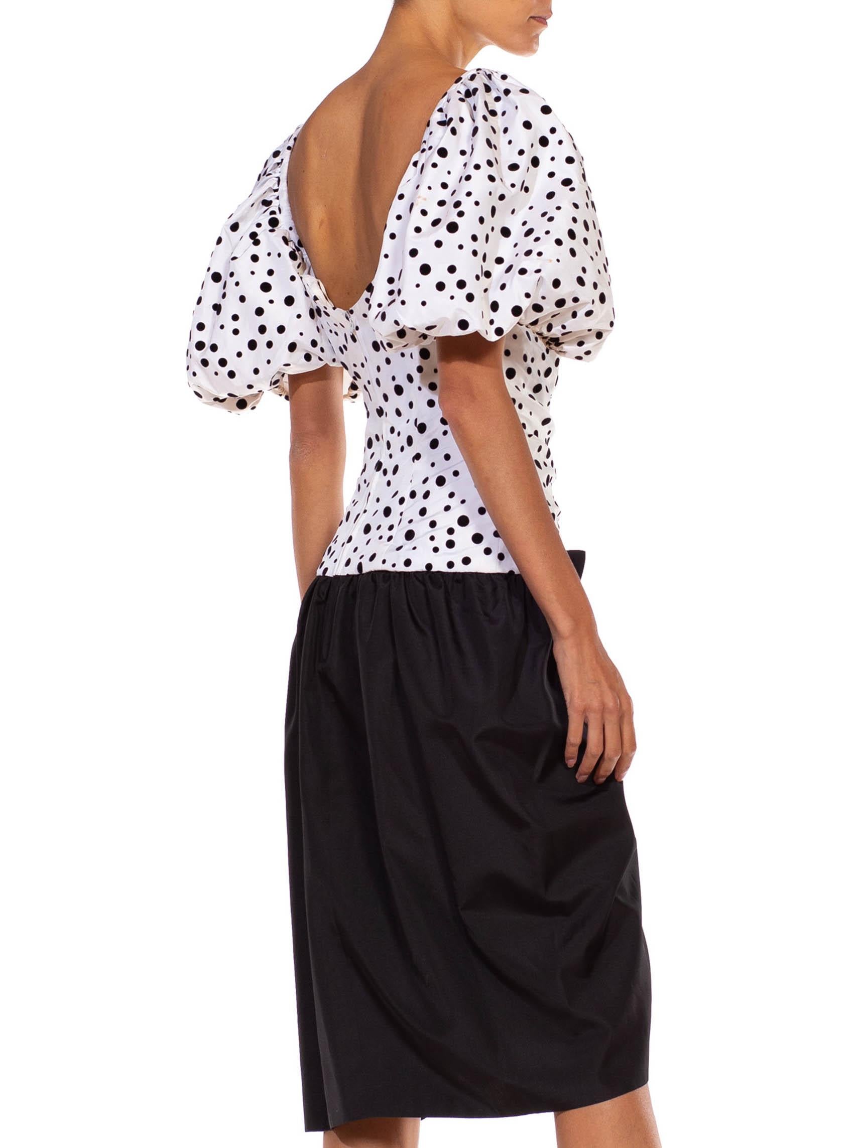 Beige 1980S Black & White Polka Dot Puff Sleeve Cocktail Dress With Large Bow For Sale