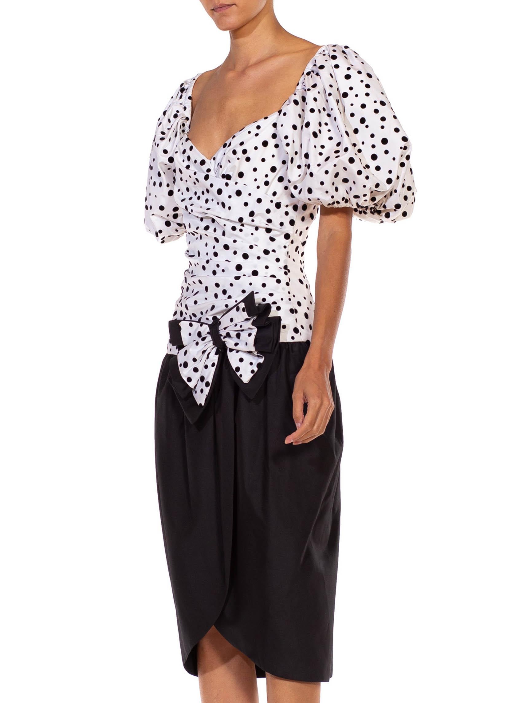 1980S Black & White Polka Dot Puff Sleeve Cocktail Dress With Large Bow For Sale 1