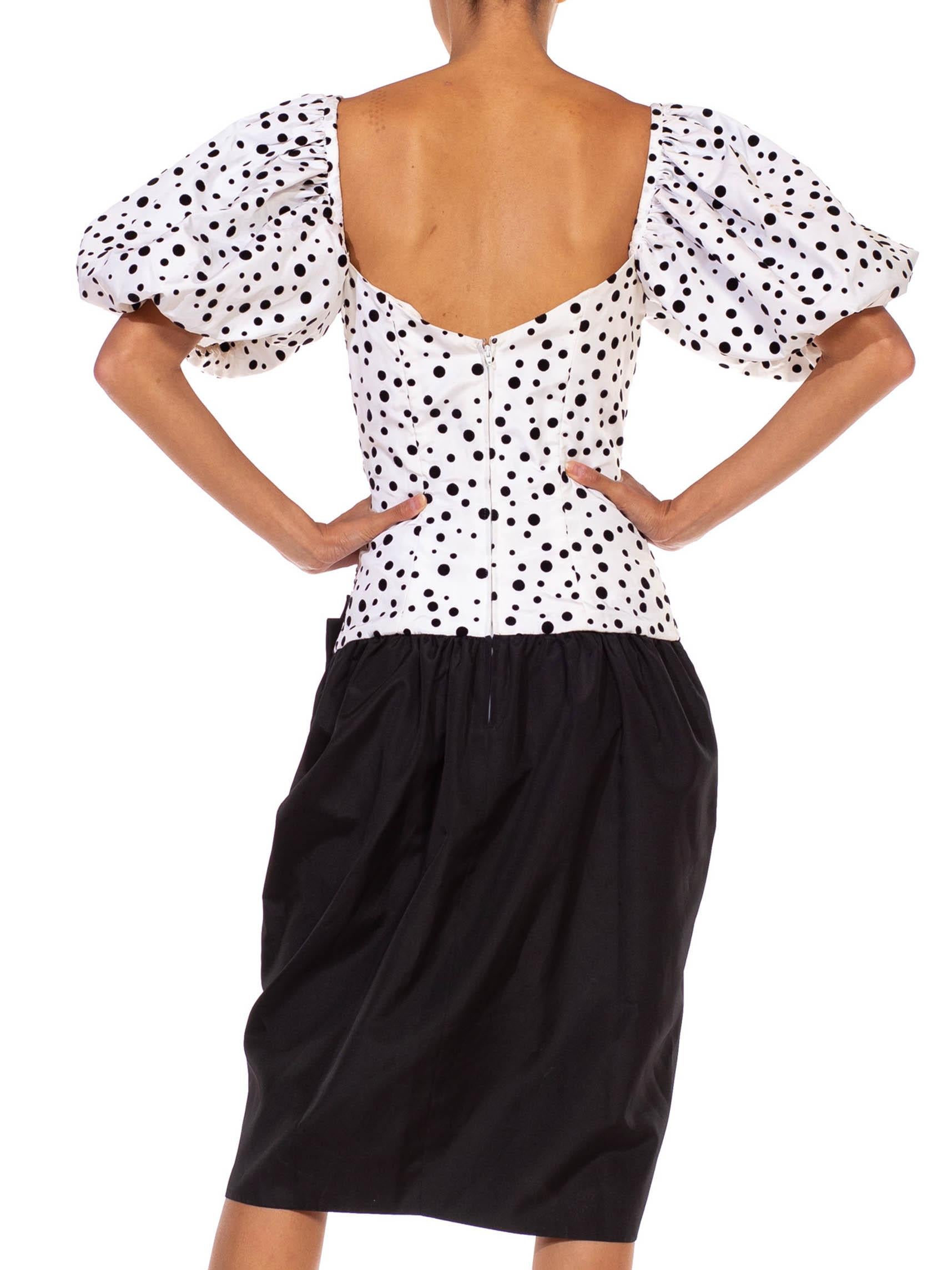 1980S Black & White Polka Dot Puff Sleeve Cocktail Dress With Large Bow For Sale 3