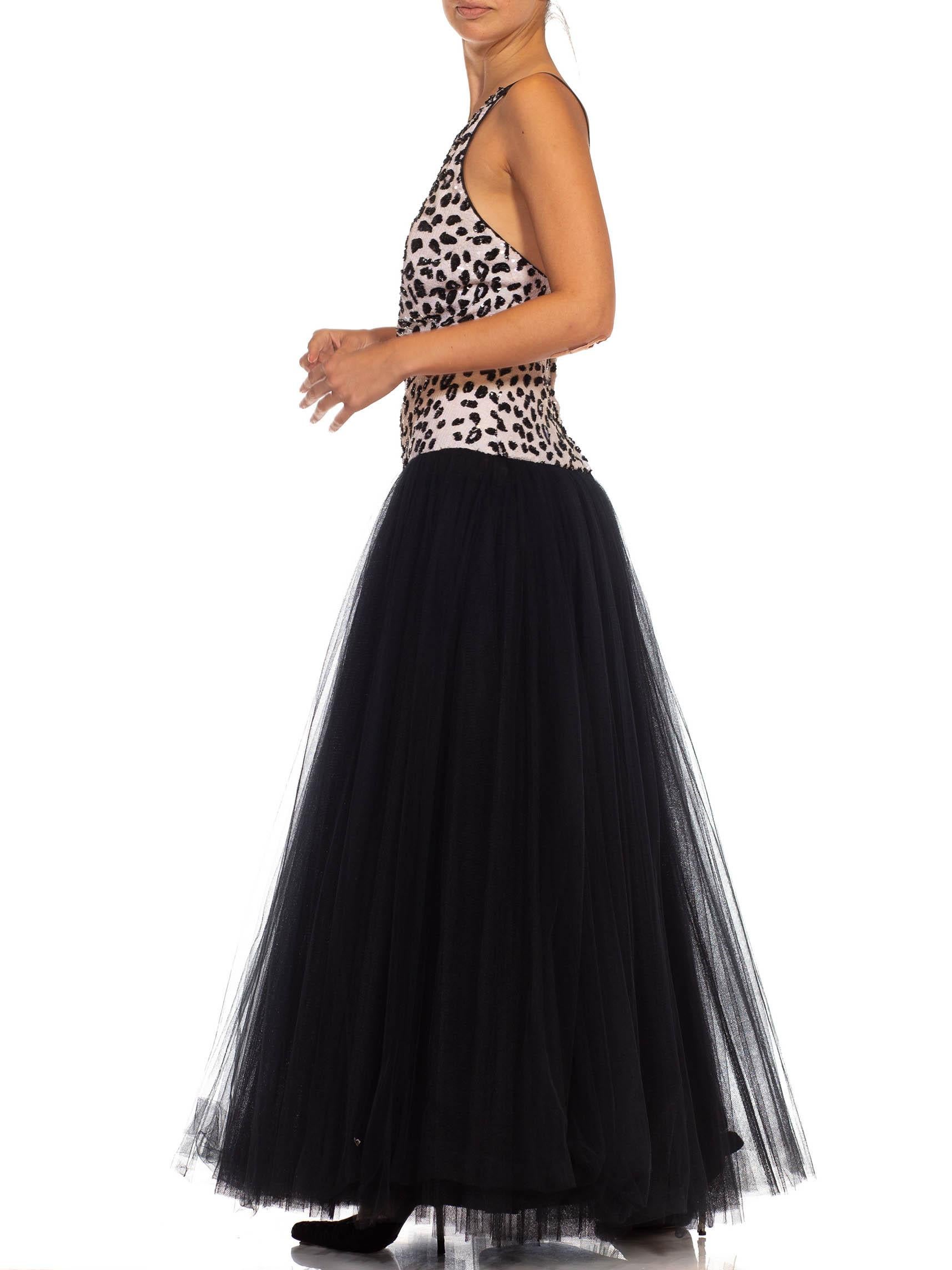 1980S Black & White Sequined Silk Acetate Blend Tulle Gown In Excellent Condition For Sale In New York, NY