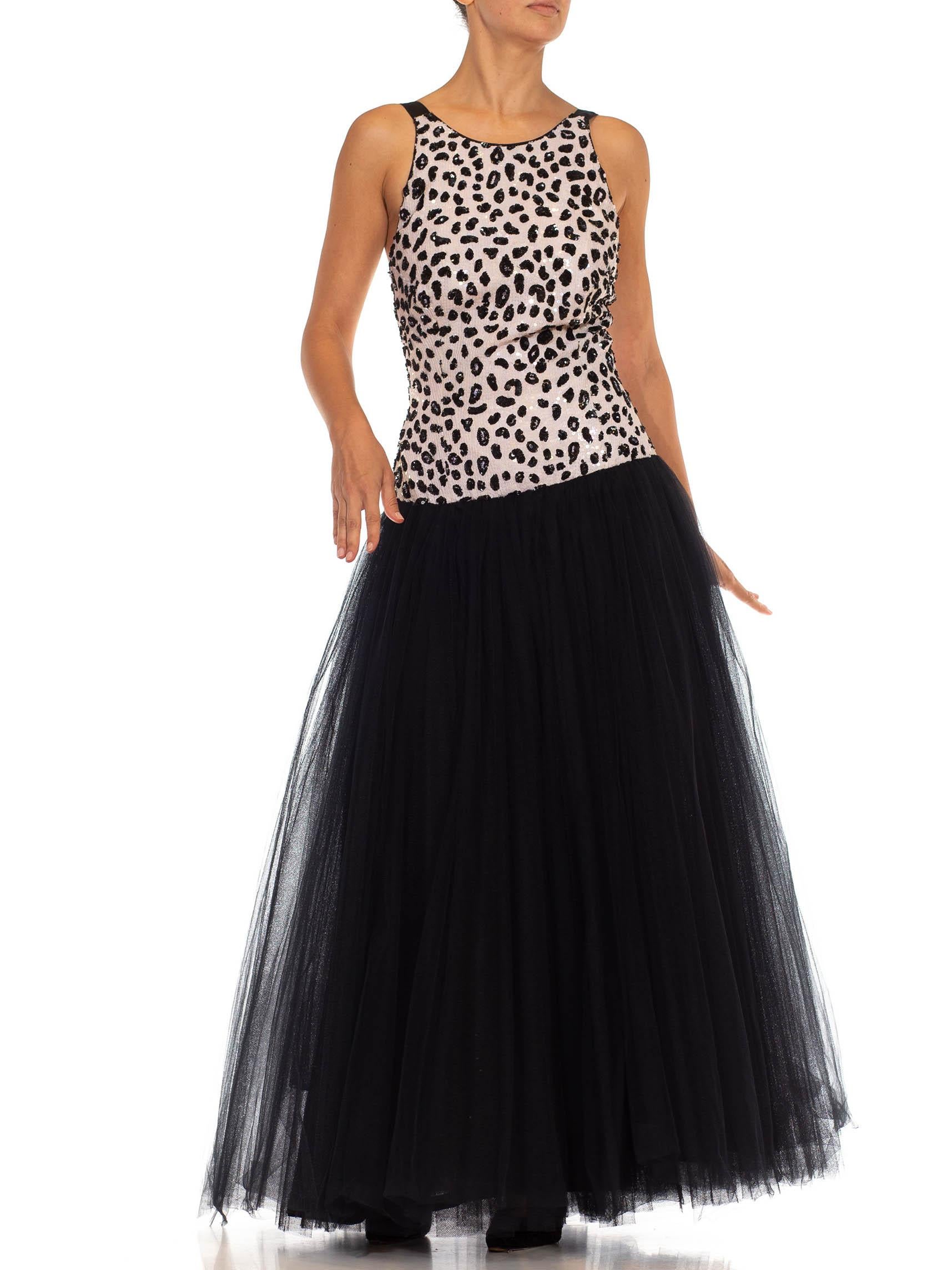1980S Black & White Sequined Silk Acetate Blend Tulle Gown For Sale 5