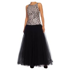 1980S Schwarz-weißes paillettenbesetztes Kleid aus Seiden-Acetat-Mischung und Tüll