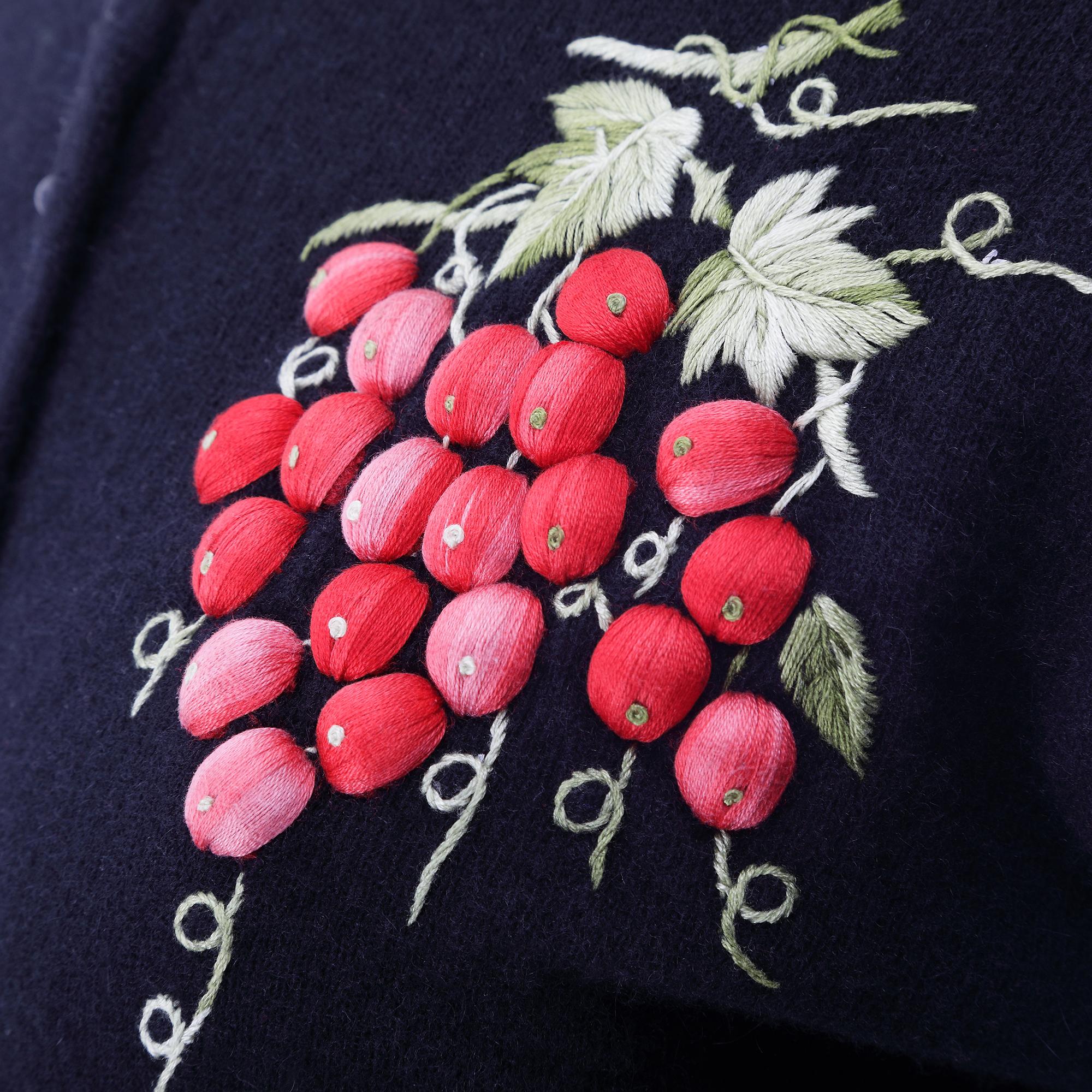 Women's 1980s Black Wool Cardigan with Raised Satin Stitch Grape Applique For Sale