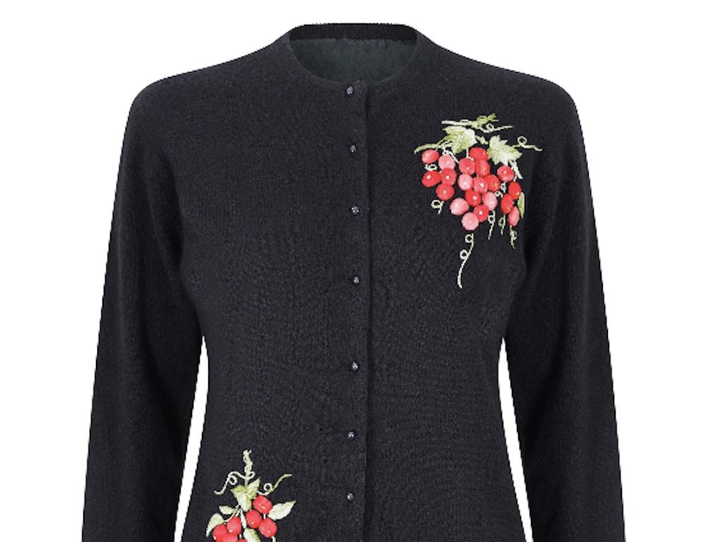 1980s Black Wool Cardigan with Raised Satin Stitch Grape Applique In Excellent Condition For Sale In London, GB