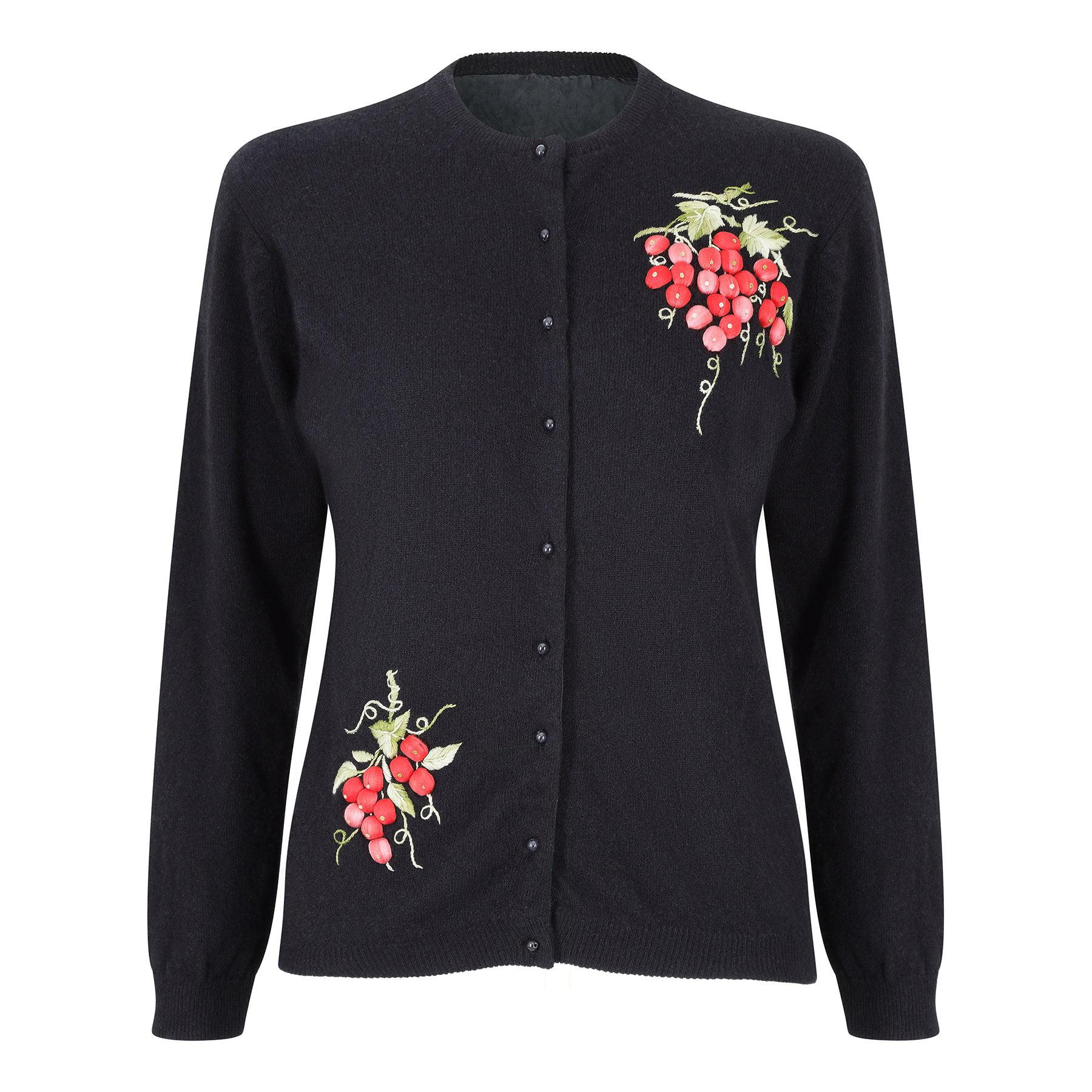 1980s Black Wool Cardigan with Raised Satin Stitch Grape Applique For Sale