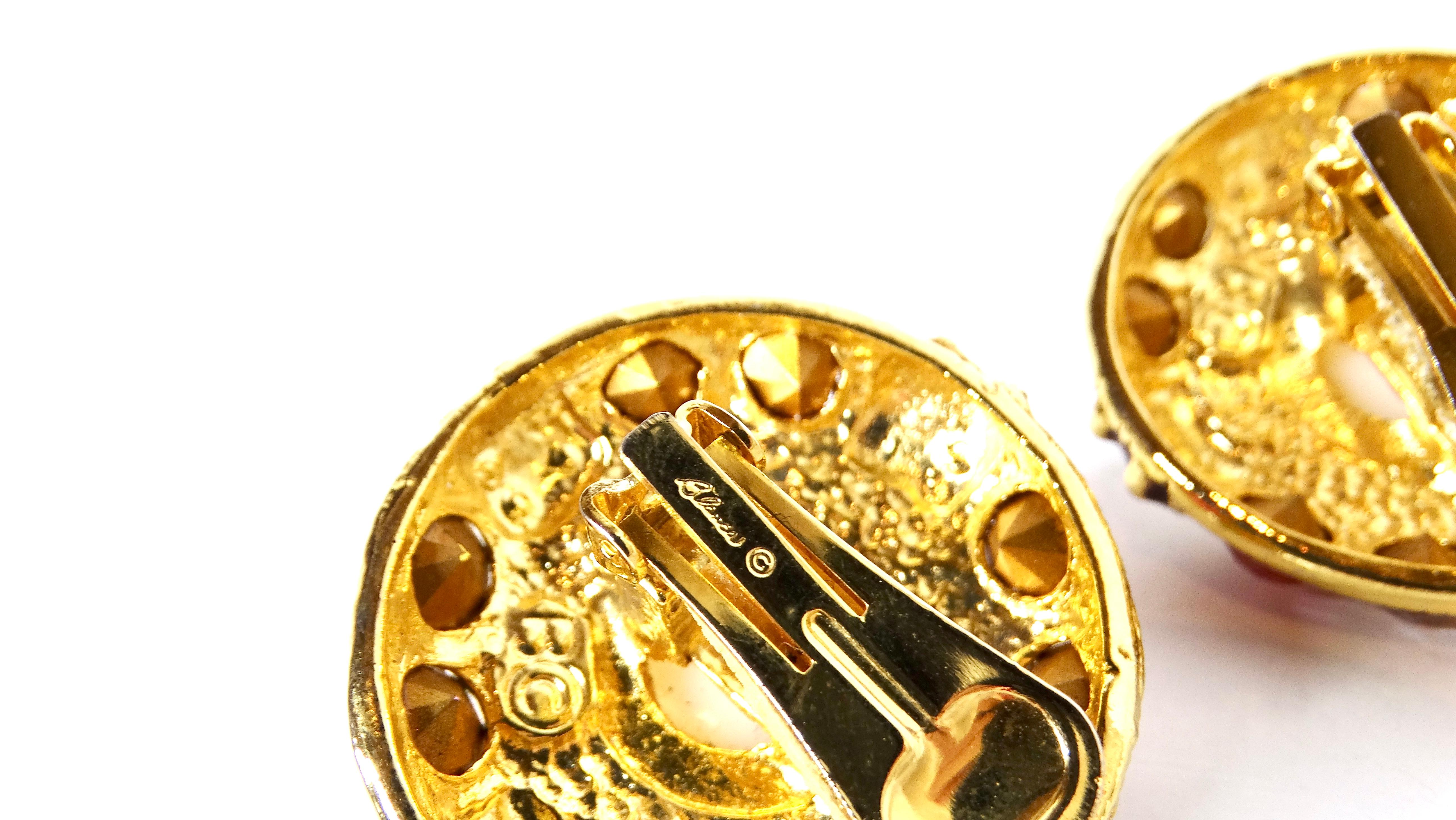 1980s Blanca Large Costume Bejeweled Enamel 14k Gold Plated Clip-On Earrings In Good Condition For Sale In Scottsdale, AZ