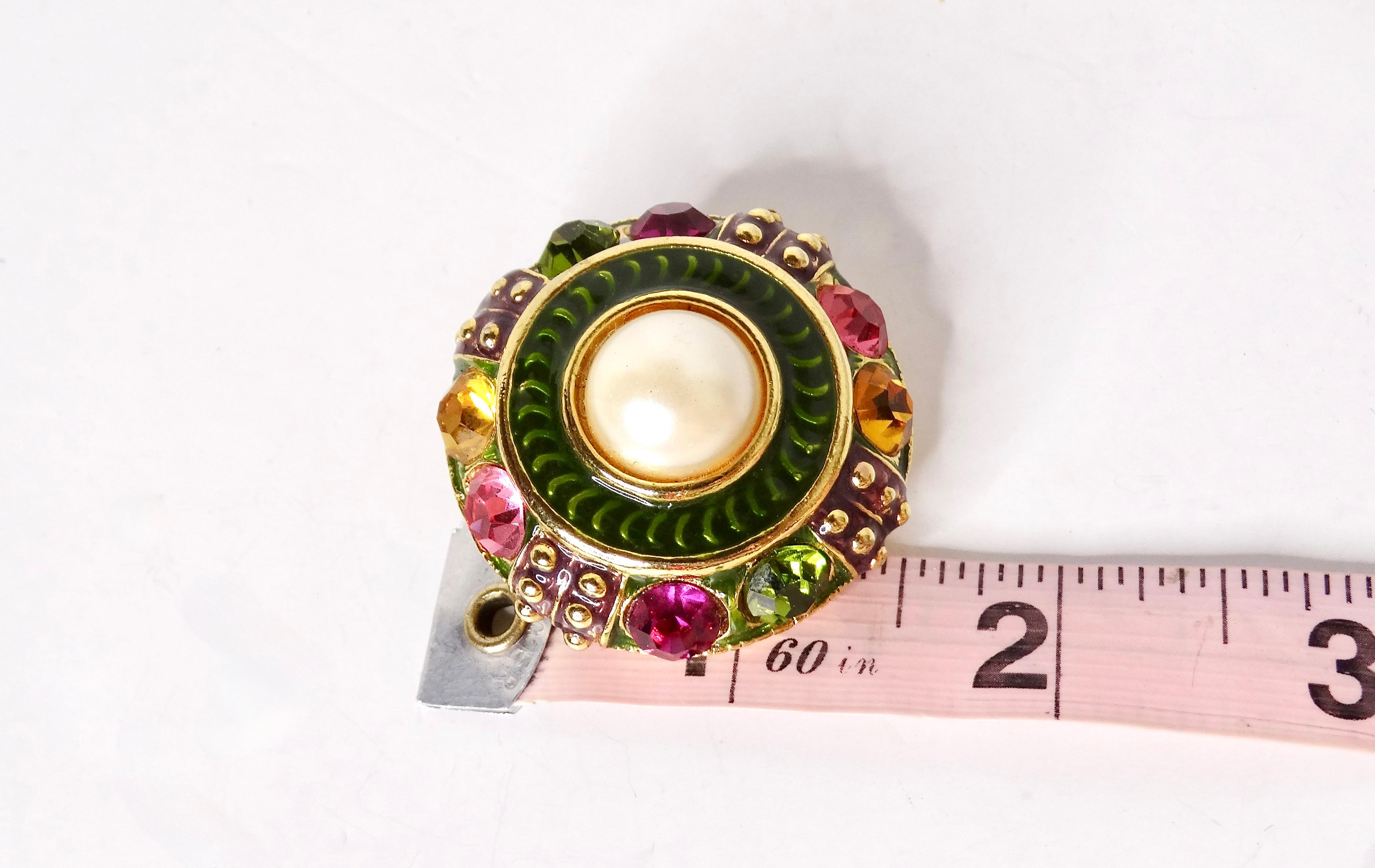 Women's 1980s Blanca Large Costume Bejeweled Enamel 14k Gold Plated Clip-On Earrings For Sale