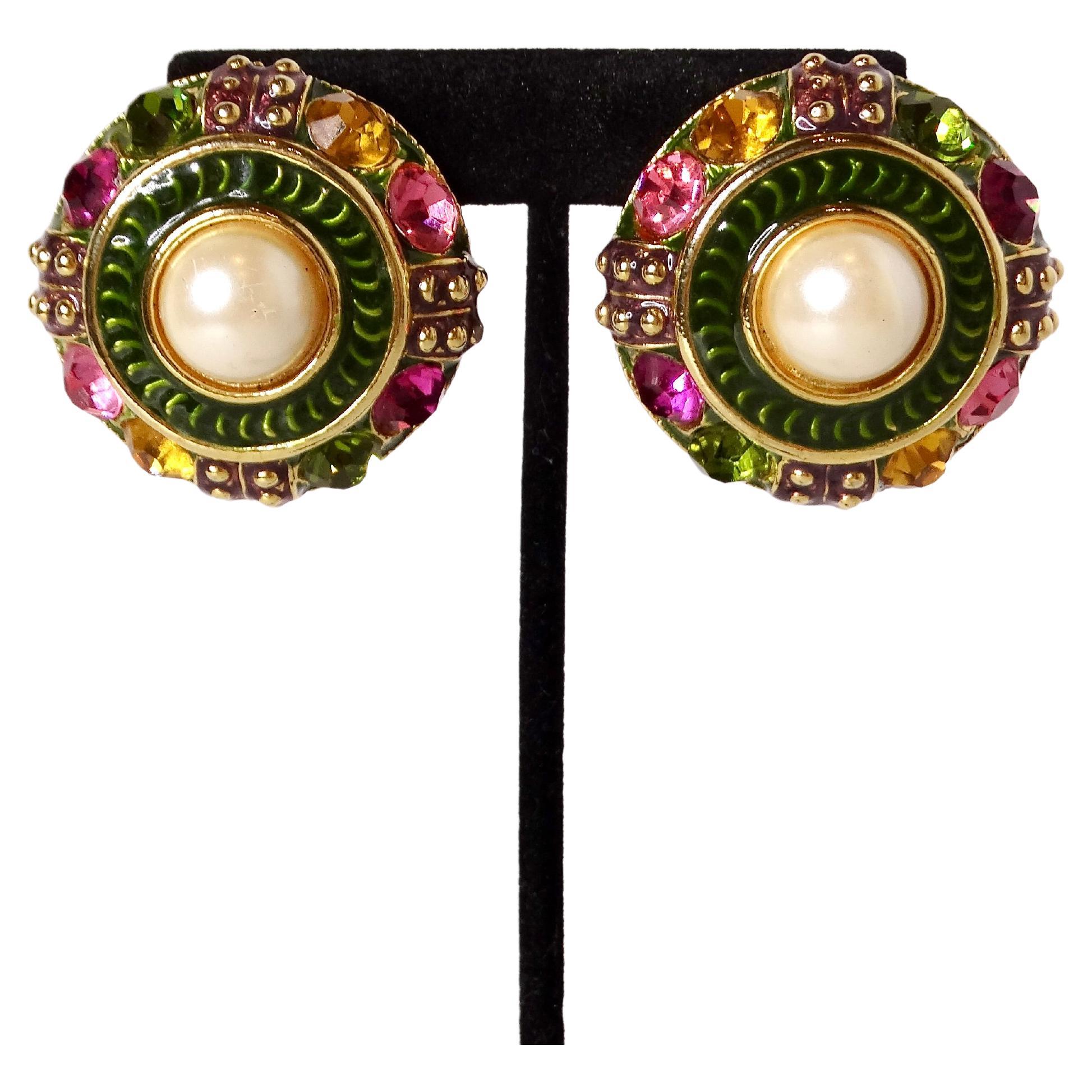 1980s Blanca Large Costume Bejeweled Enamel 14k Gold Plated Clip-On Earrings For Sale 1