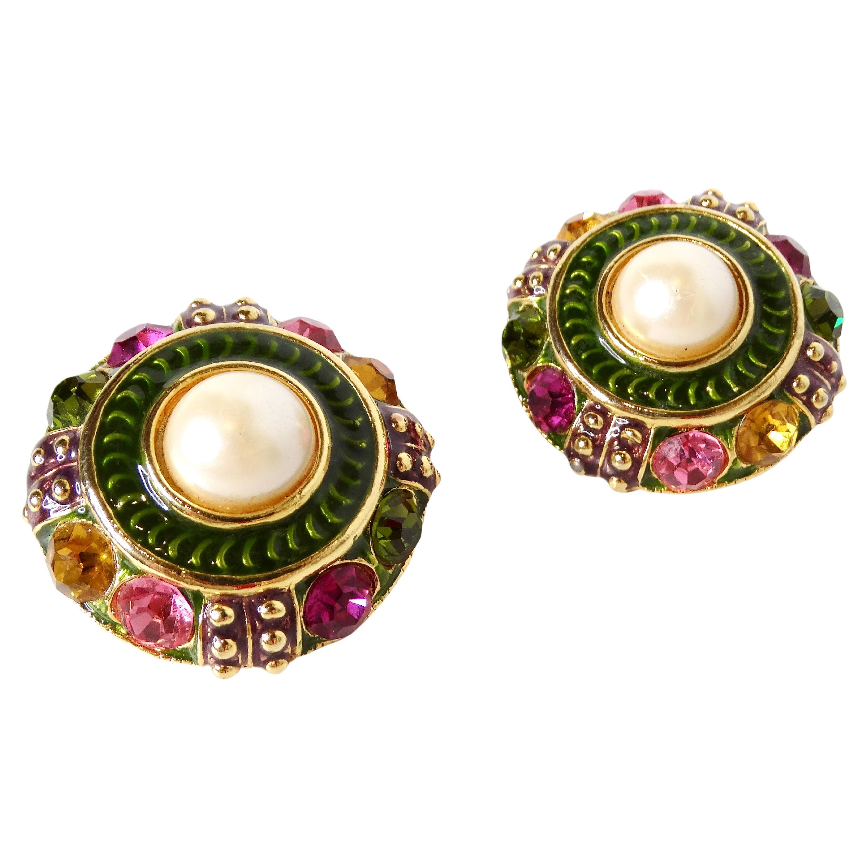 1980 Blanca Grand costume Boucles d'oreilles à clip en plaqué or 14k émaillé