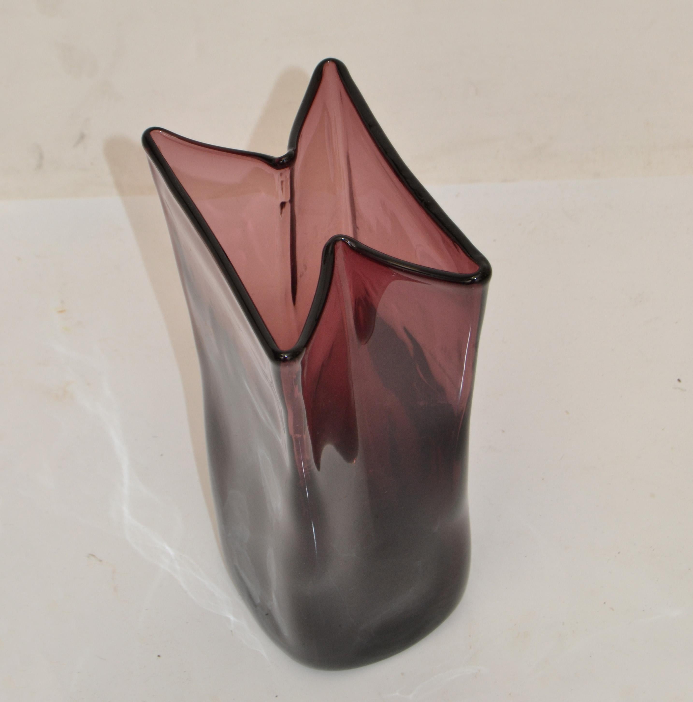 1980s Blenko Purple Paper Bag Blown Art Glass Vase American Mid-Century Modern In Good Condition For Sale In Miami, FL