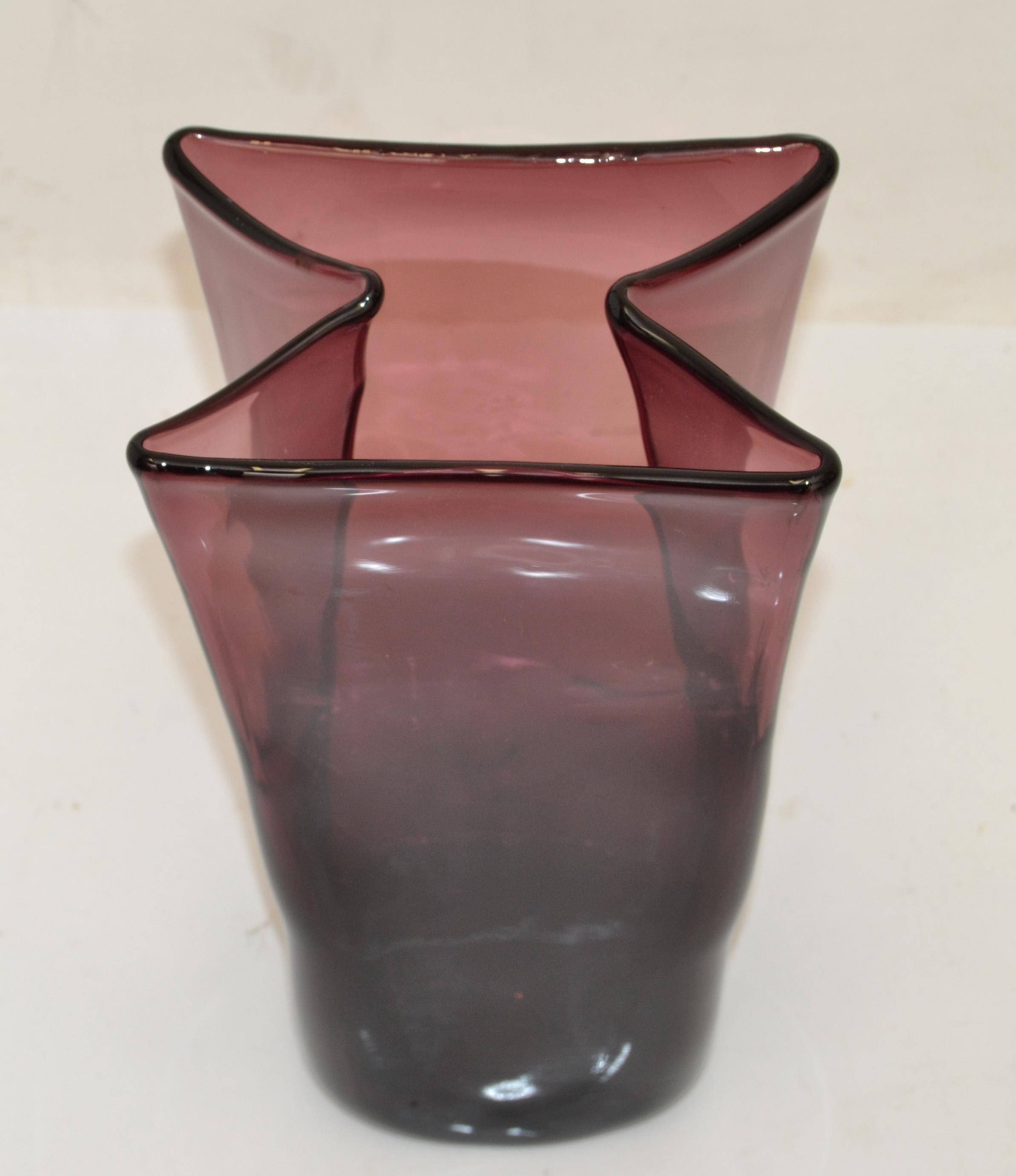 Late 20th Century 1980s Blenko Purple Paper Bag Blown Art Glass Vase American Mid-Century Modern For Sale