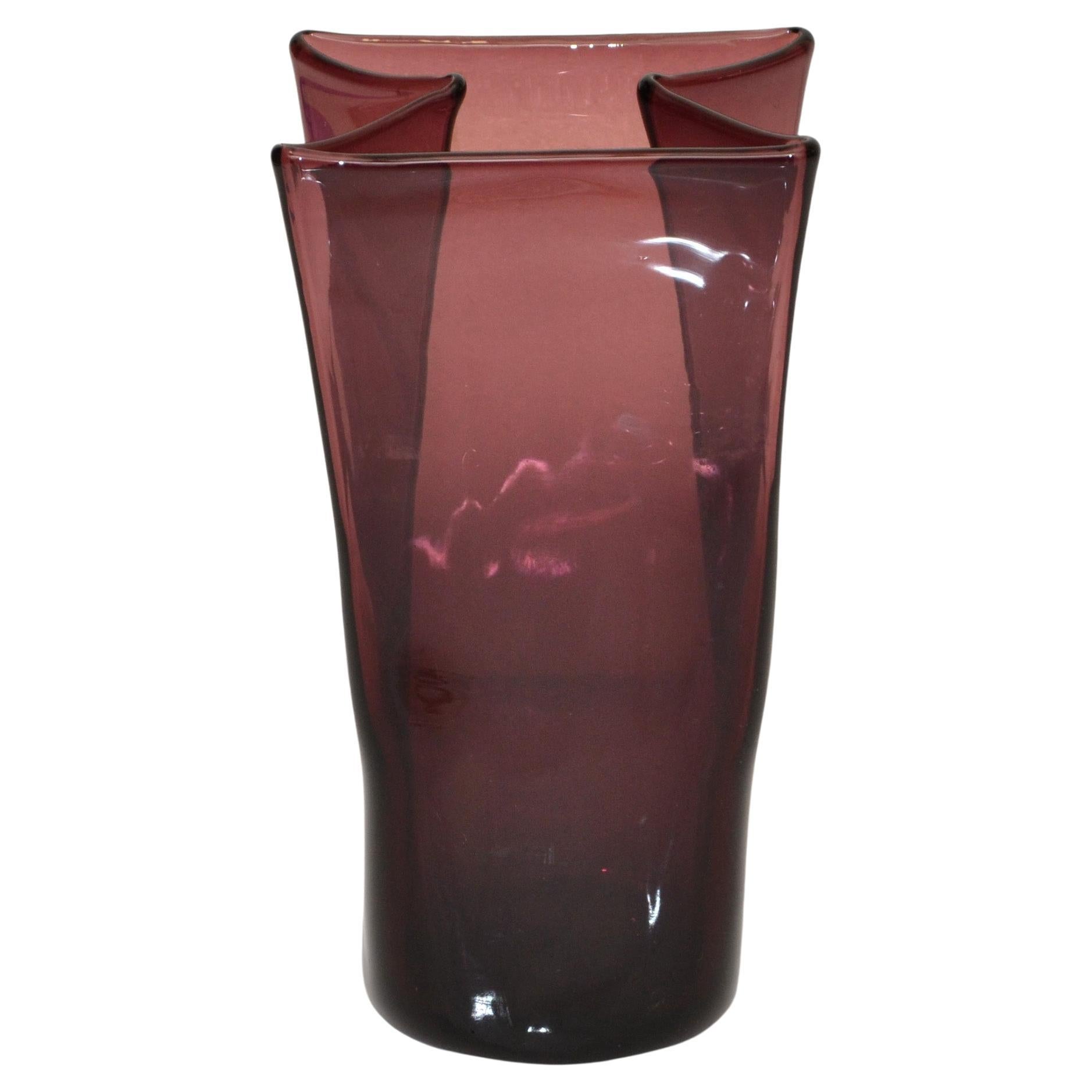 1980s Blenko Purple Paper Bag Blown Art Glass Vase American Mid-Century Modern