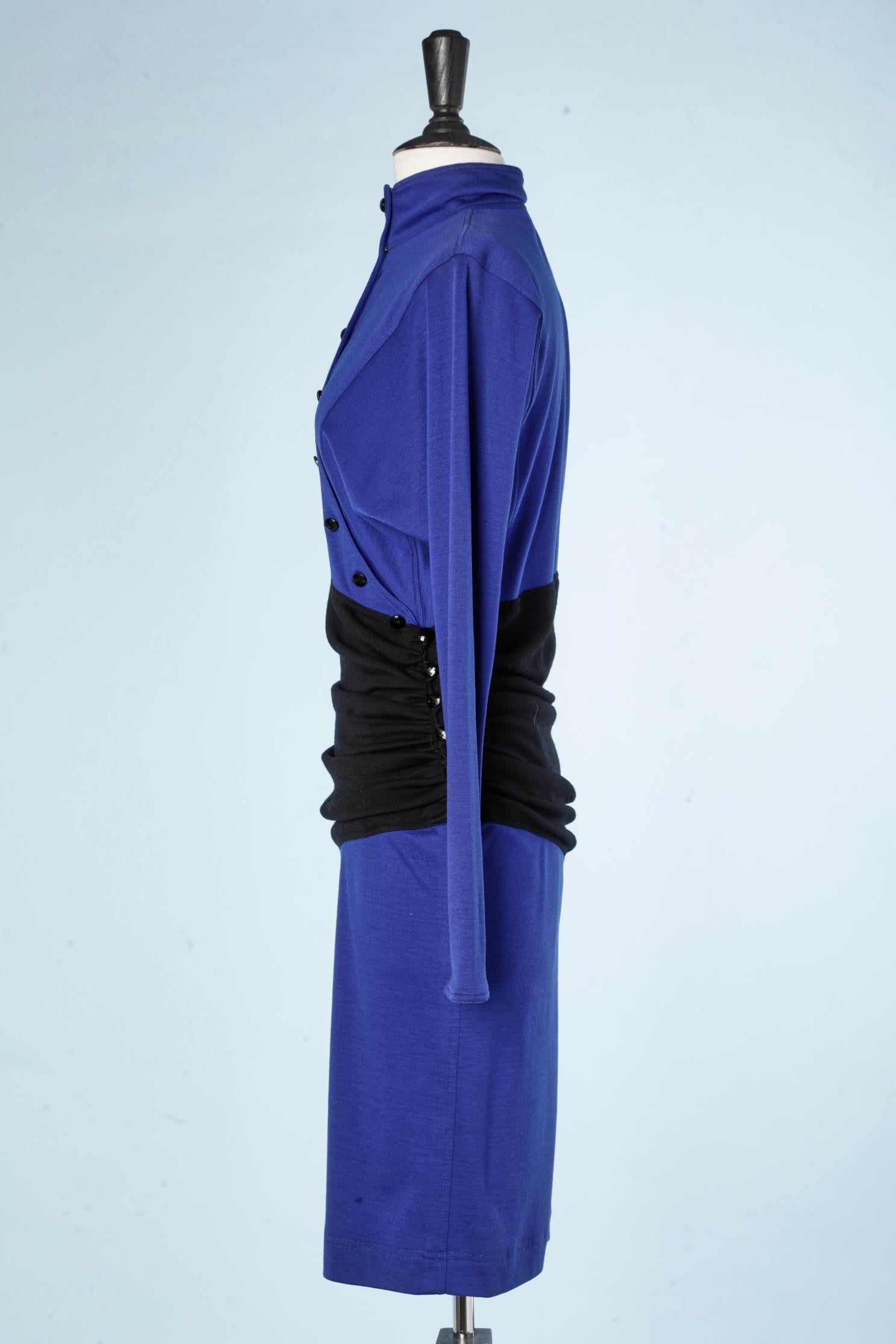 Purple 1980's Blue and black asymmetrical wool dress with black buttons Emanuel Ungaro  For Sale