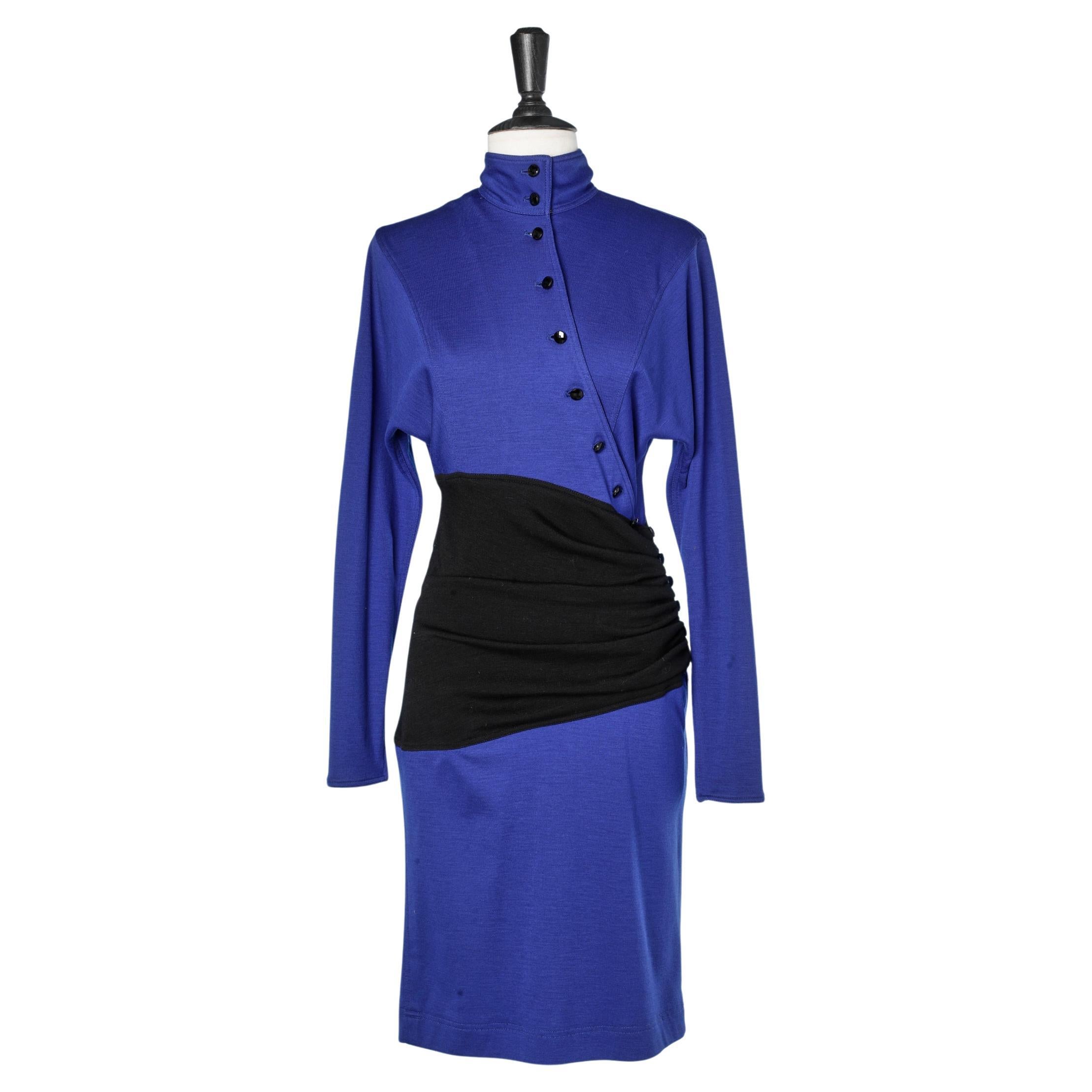 1980's Blue and black asymmetrical wool dress with black buttons Emanuel Ungaro 