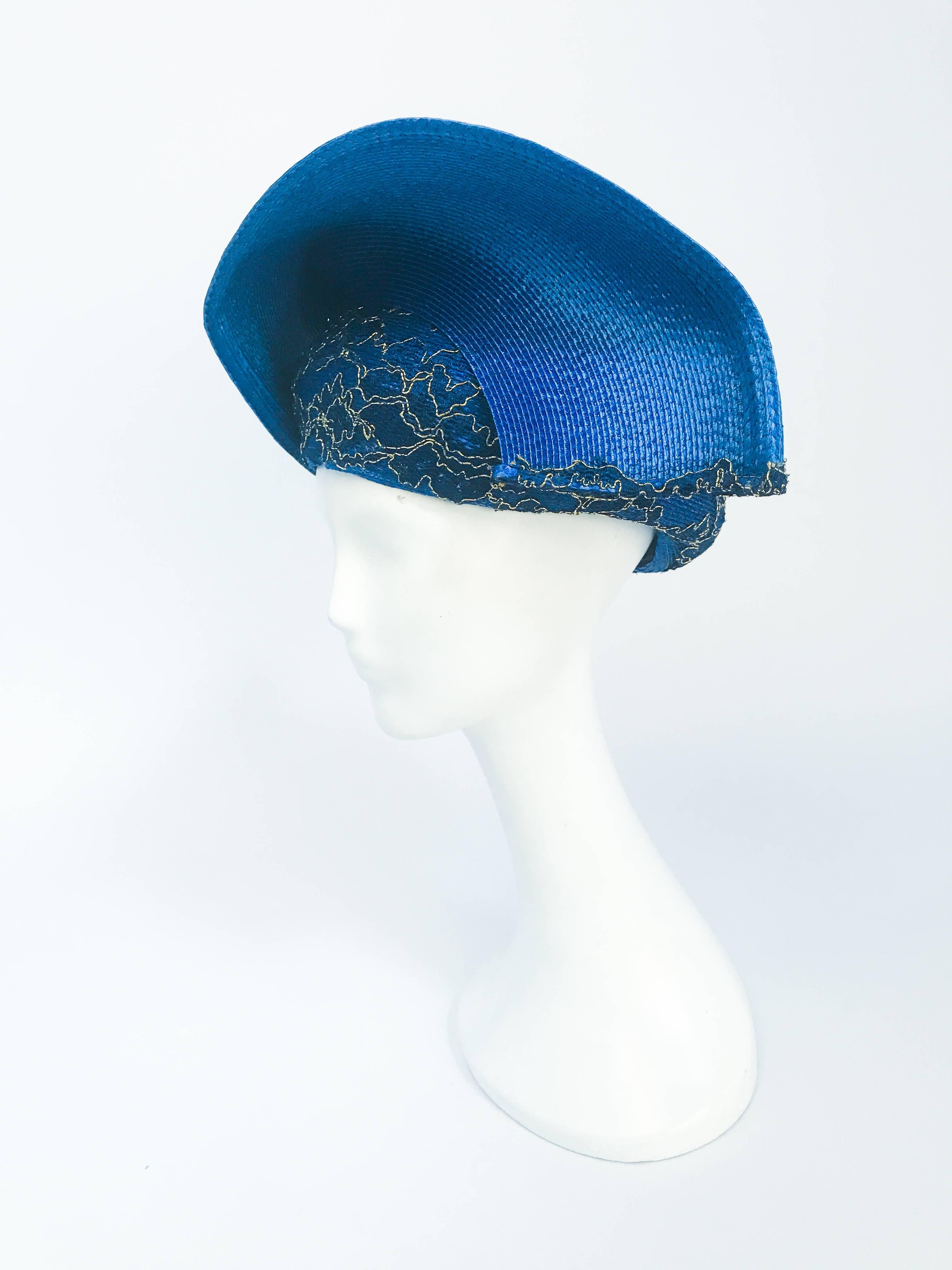 1980s Blue and Gold-tone Structured Hat In Good Condition For Sale In San Francisco, CA