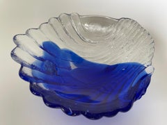 1980's Blue And Transparent Textured Art Glass Seashell Bowl