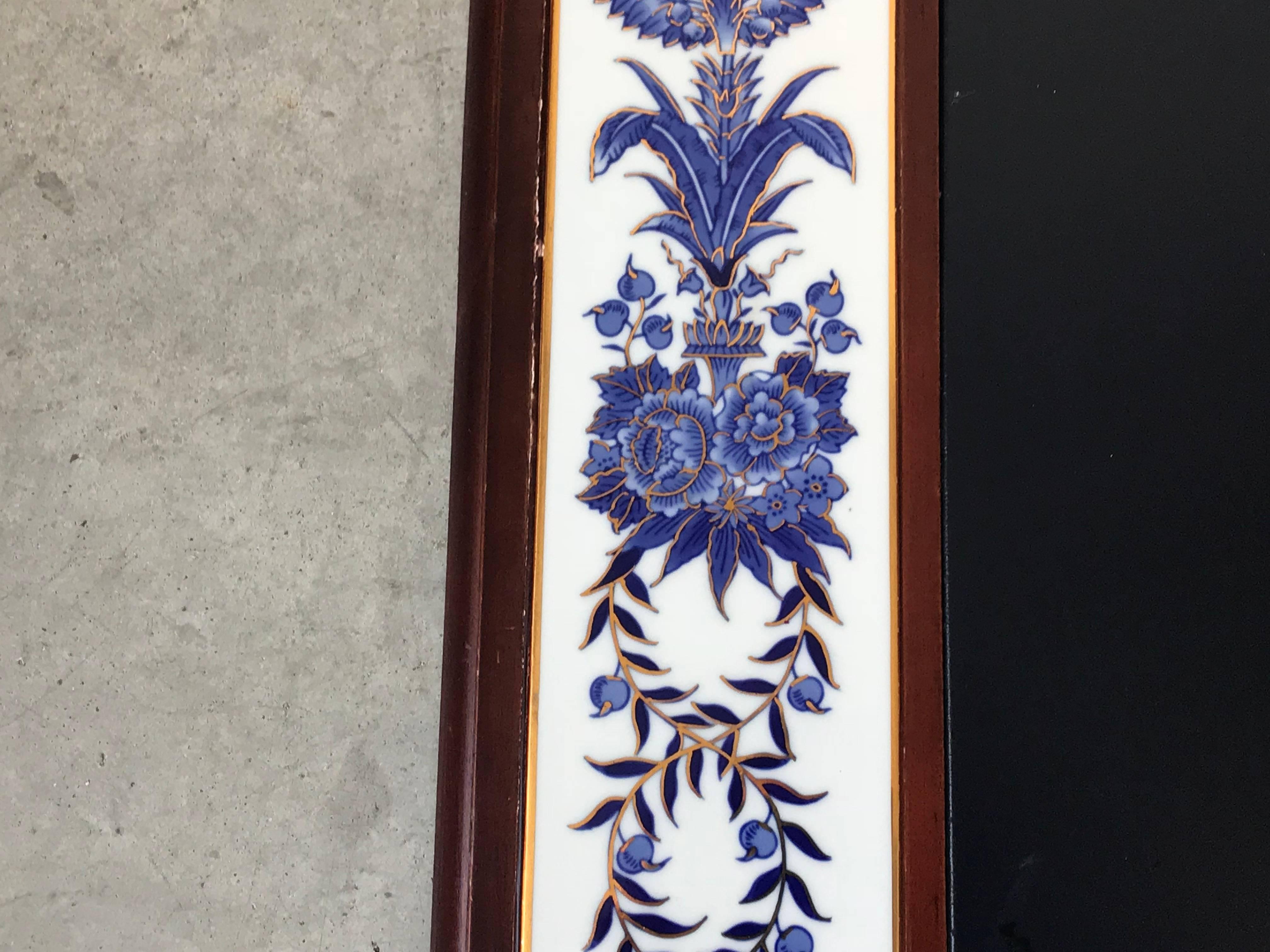 Hand-Painted 1980s Blue and White Chinoiserie Desk Pad with Leather Top