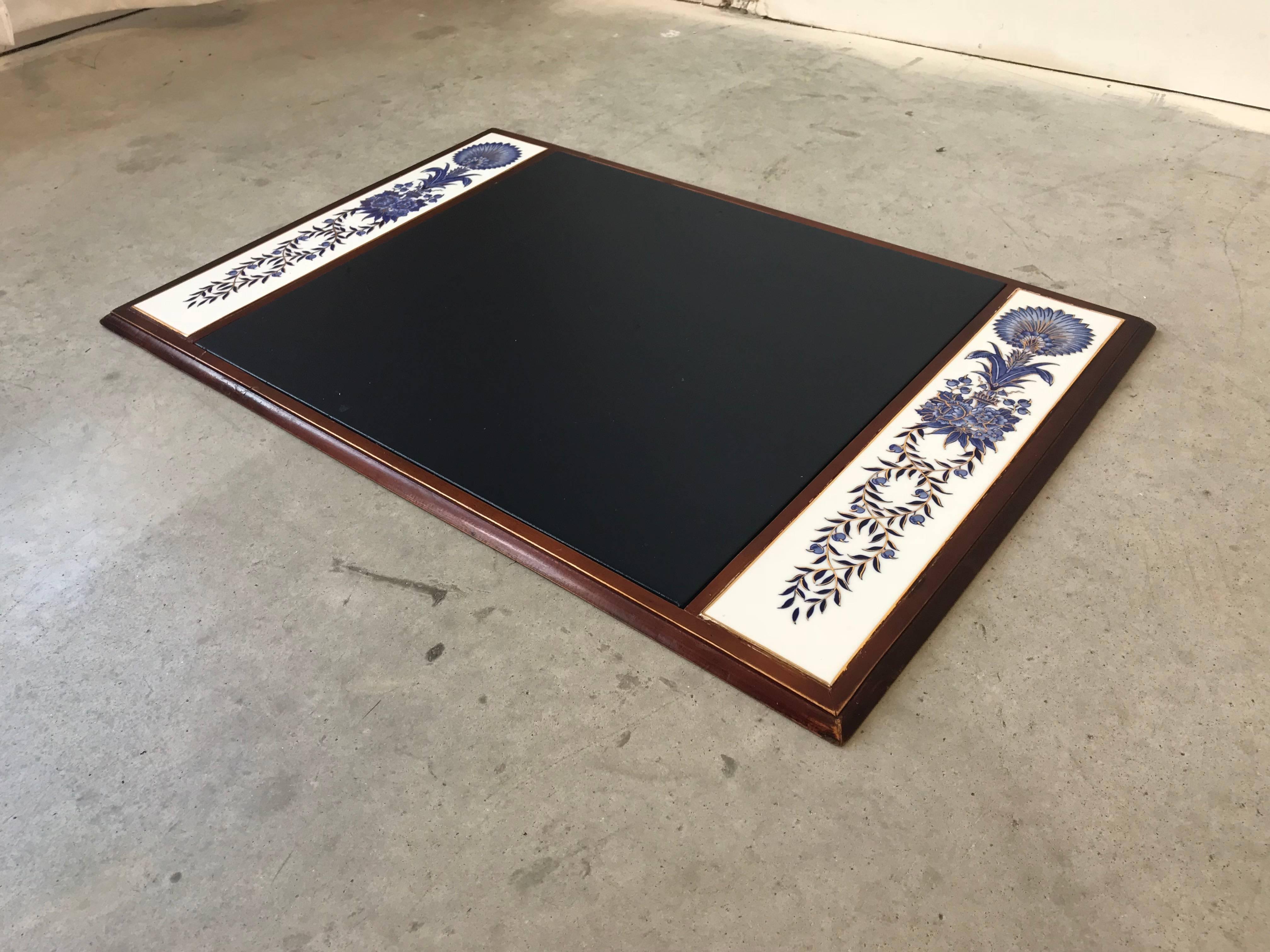 20th Century 1980s Blue and White Chinoiserie Desk Pad with Leather Top