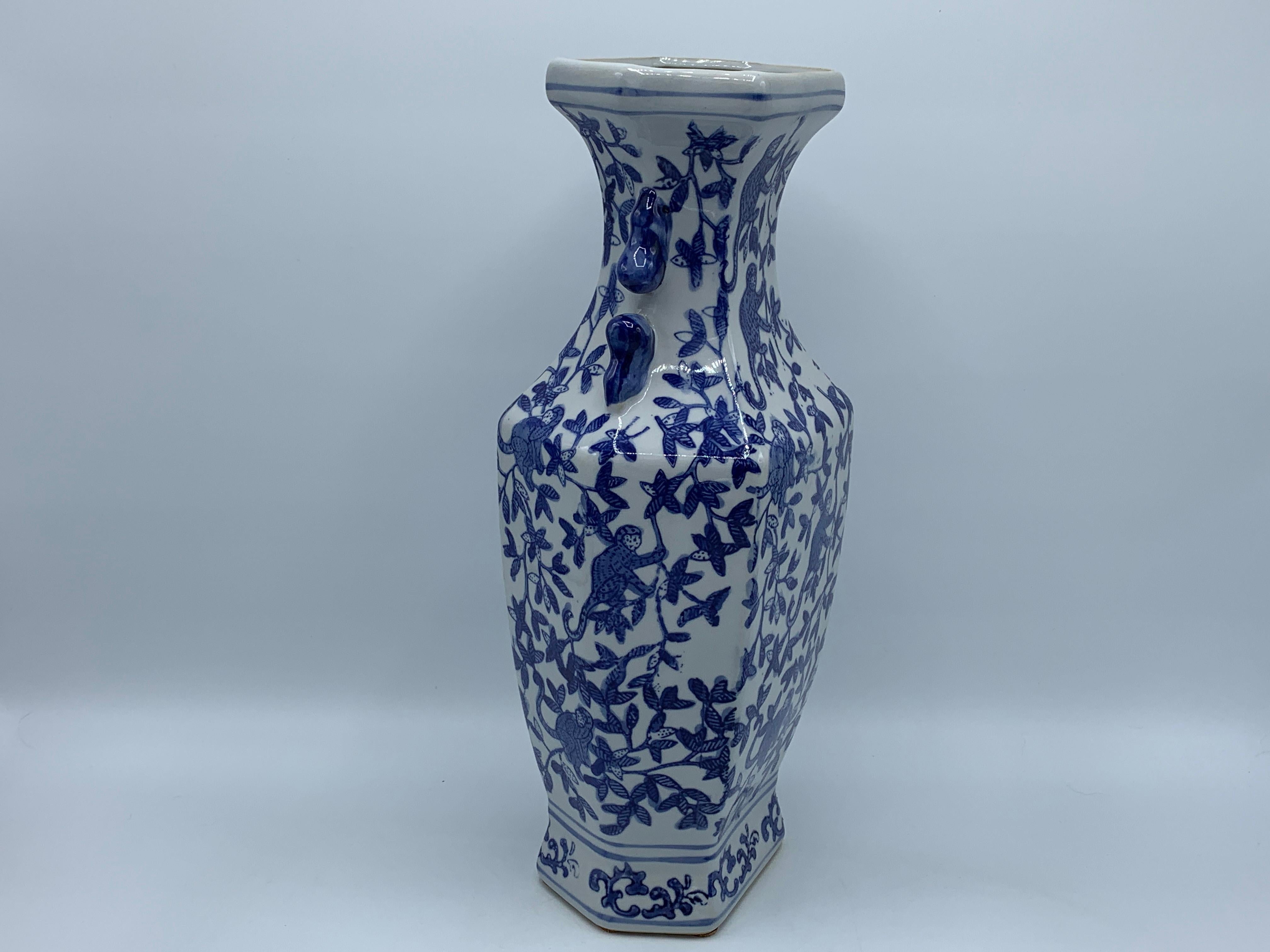 1980s Blue and White Chinoiserie Vase with Monkey Motif 3