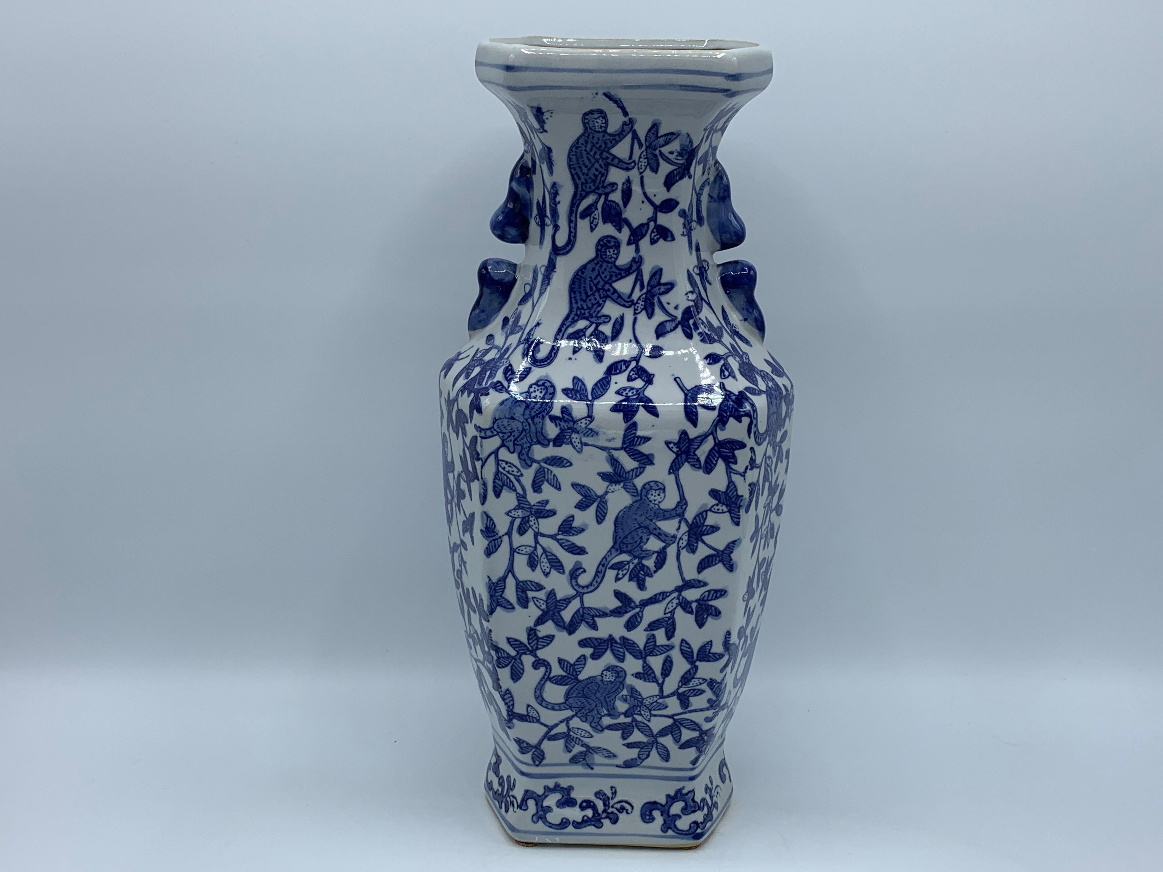 1980s Blue and White Chinoiserie Vase with Monkey Motif 5