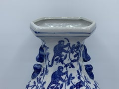 1980s Blue and White Chinoiserie Vase with Monkey Motif