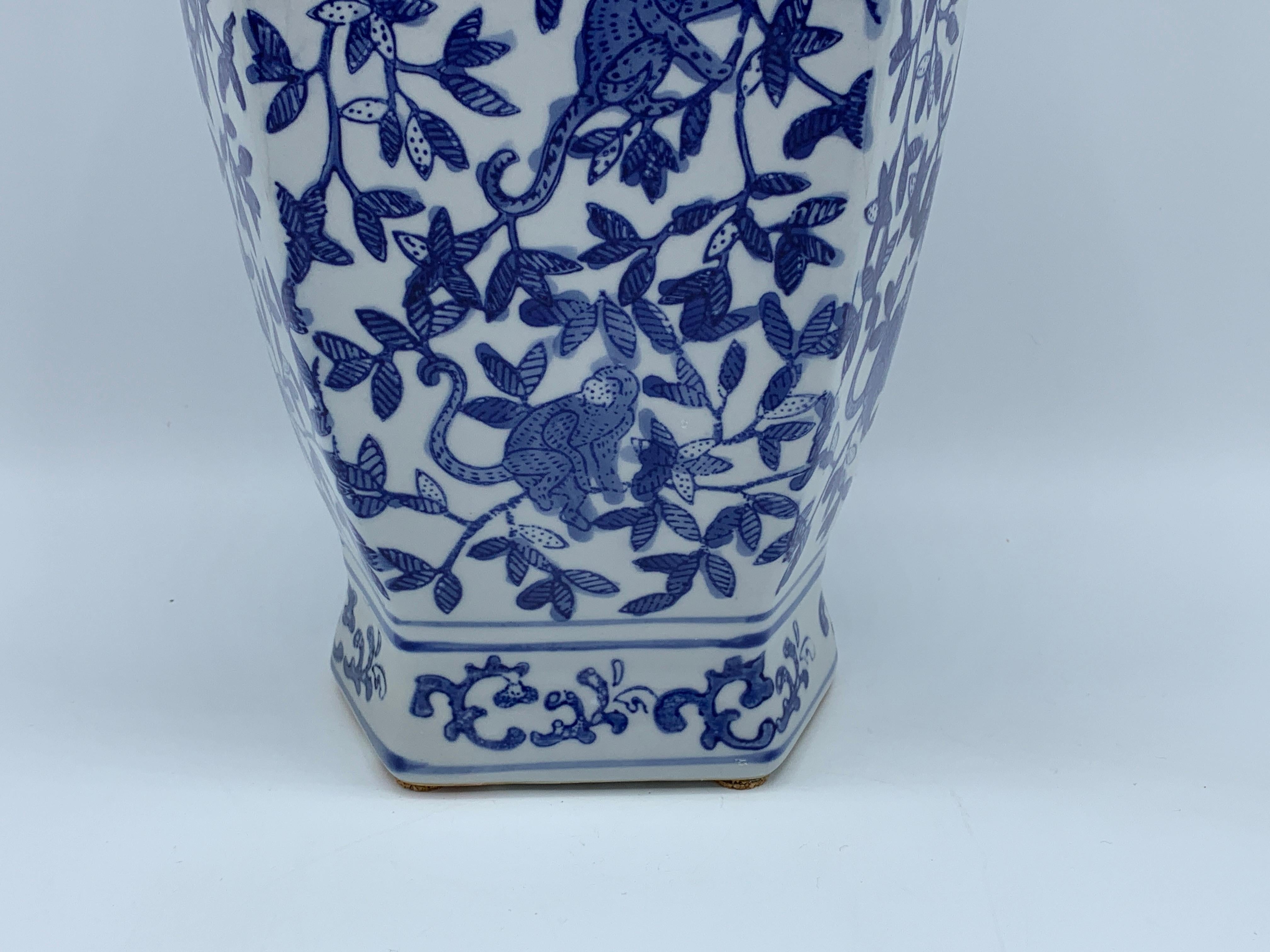 Chinese 1980s Blue and White Chinoiserie Vase with Monkey Motif