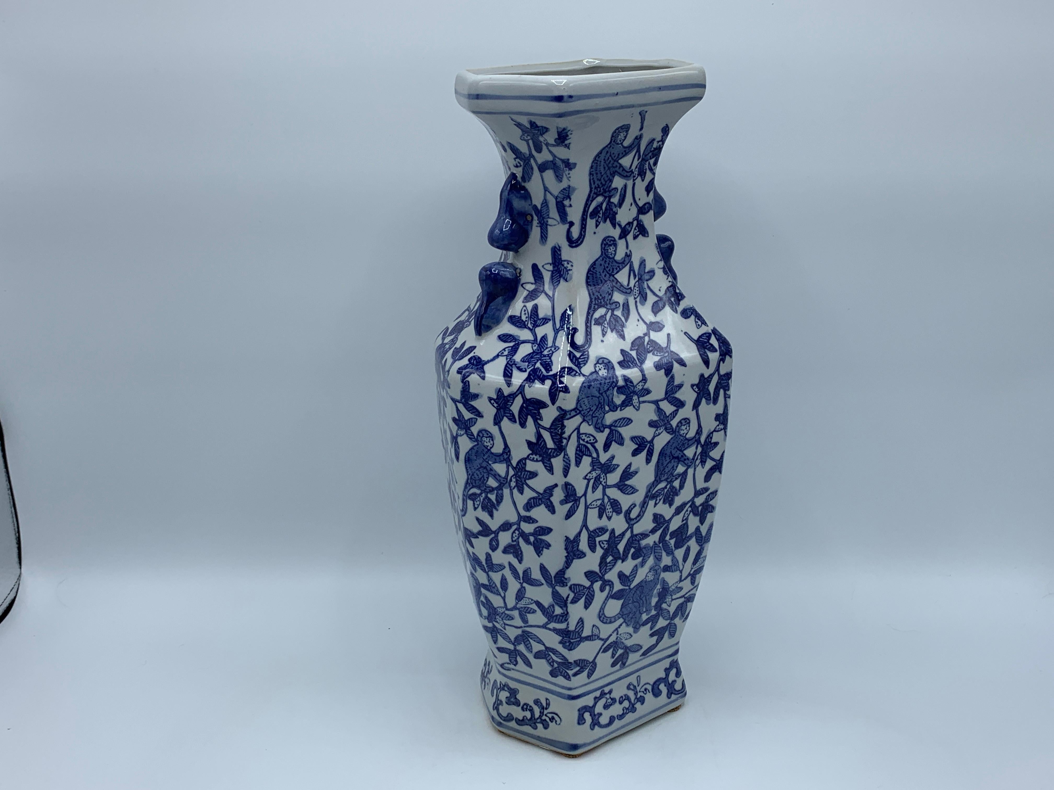 1980s Blue and White Chinoiserie Vase with Monkey Motif In Good Condition In Richmond, VA